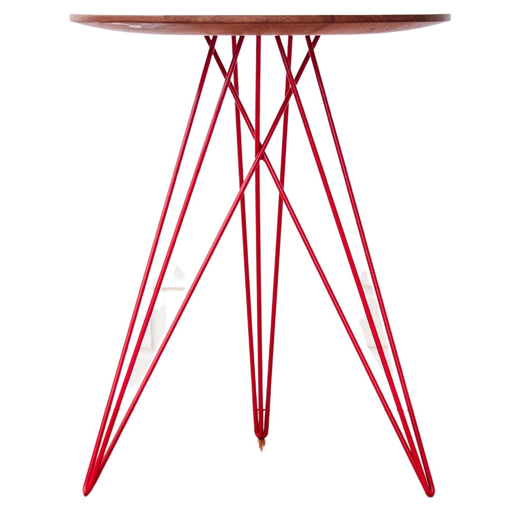 Hudson Hairpin Side Table with Wood Inlay Walnut Red In New Condition For Sale In Cincinnati, US