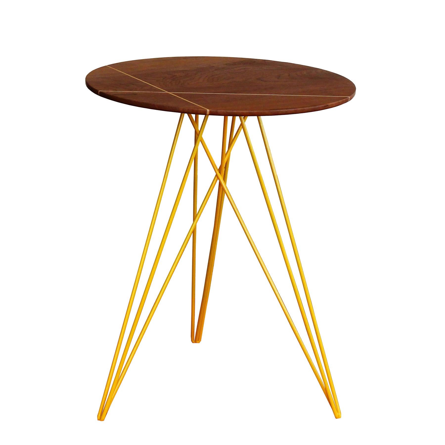 American Hudson Hairpin Side Table with Wood Inlay Walnut Yellow For Sale