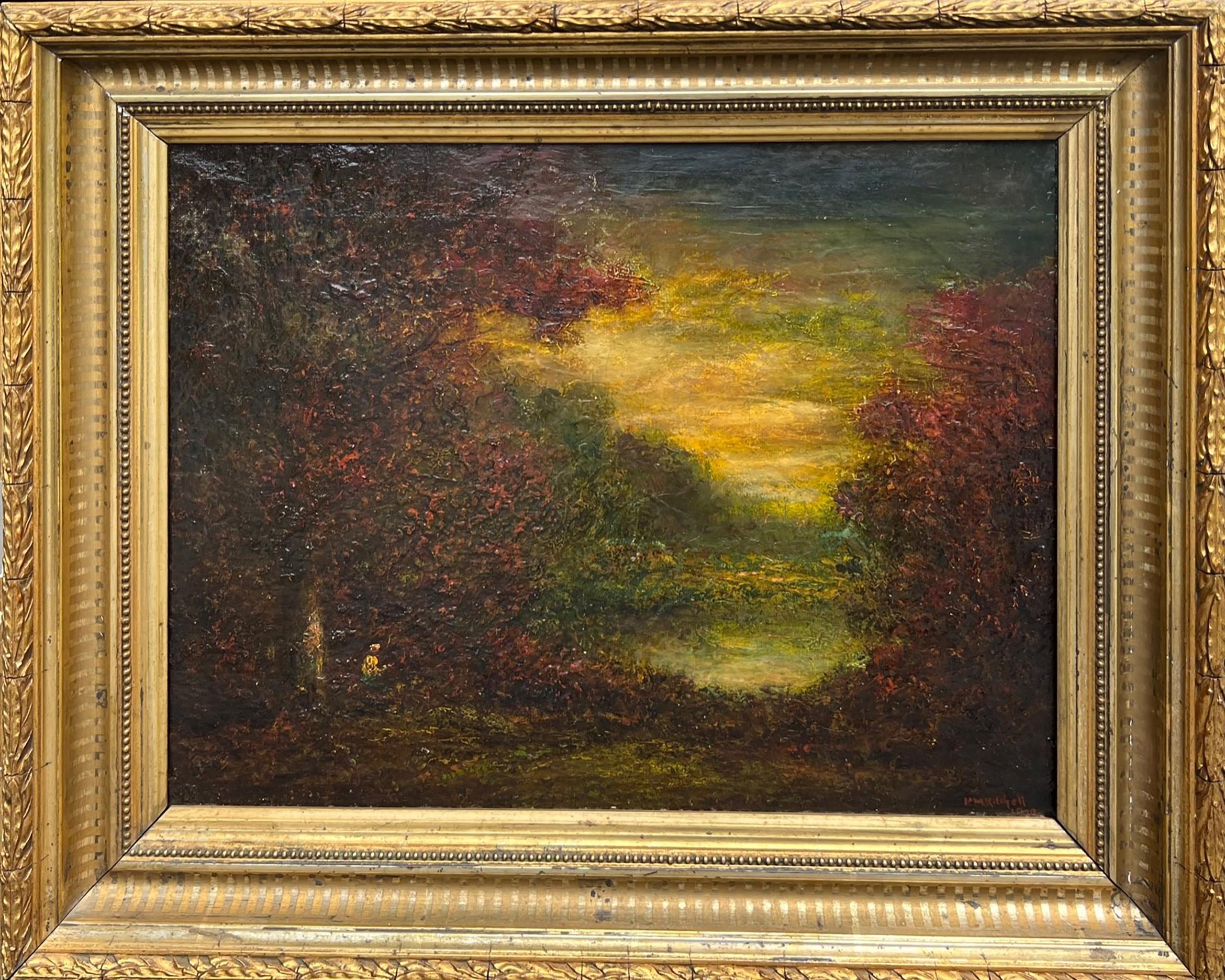 An early 20th century nocturne by Hudson Mindell Kitchell (1864-1944), Sunset, 1910 features a figure sitting beneath a tree beside a body of water that glimmers in the fading light.  It is signed by Kitchell and dated 1910 at lower right. The work