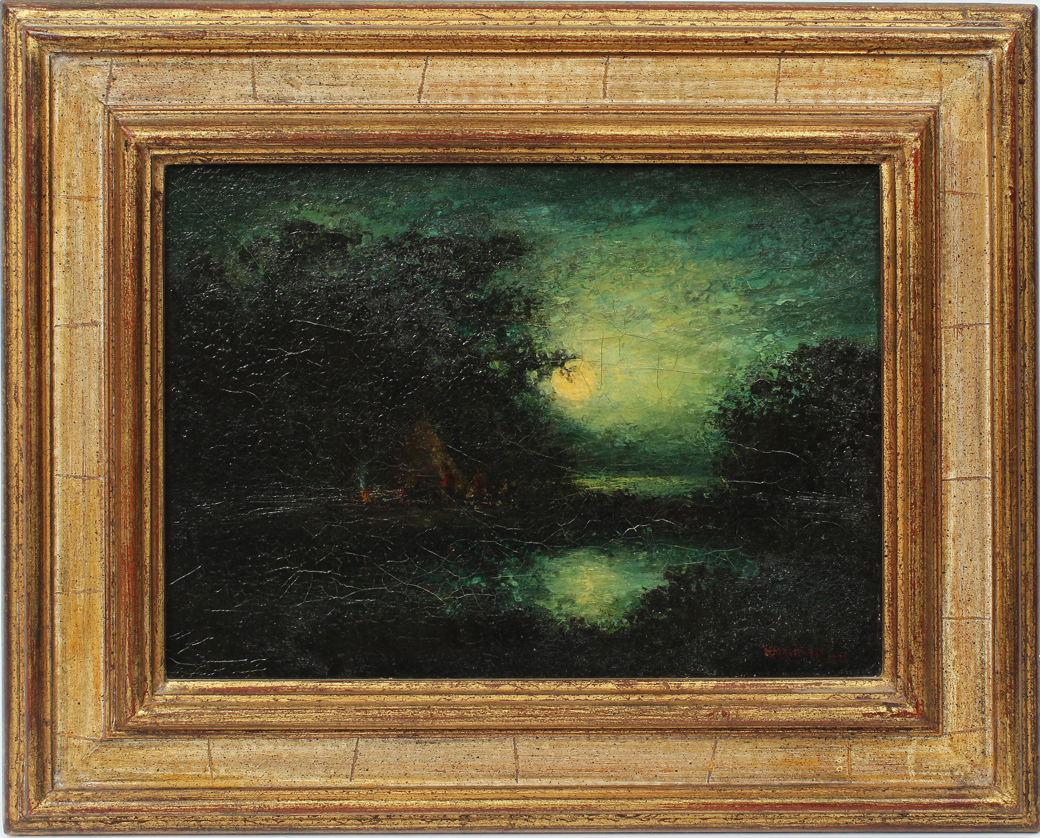 Hudson Mindell Kitchell Landscape Painting - American Masterpiece Moonlit Nocturnal Glowing Landscape Original Oil Painting 2