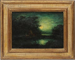 American Masterpiece Moonlit Nocturnal Glowing Landscape Original Oil Painting 2
