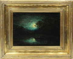 American Masterpiece Moonlit Nocturnal Glowing Landscape Original Oil Painting