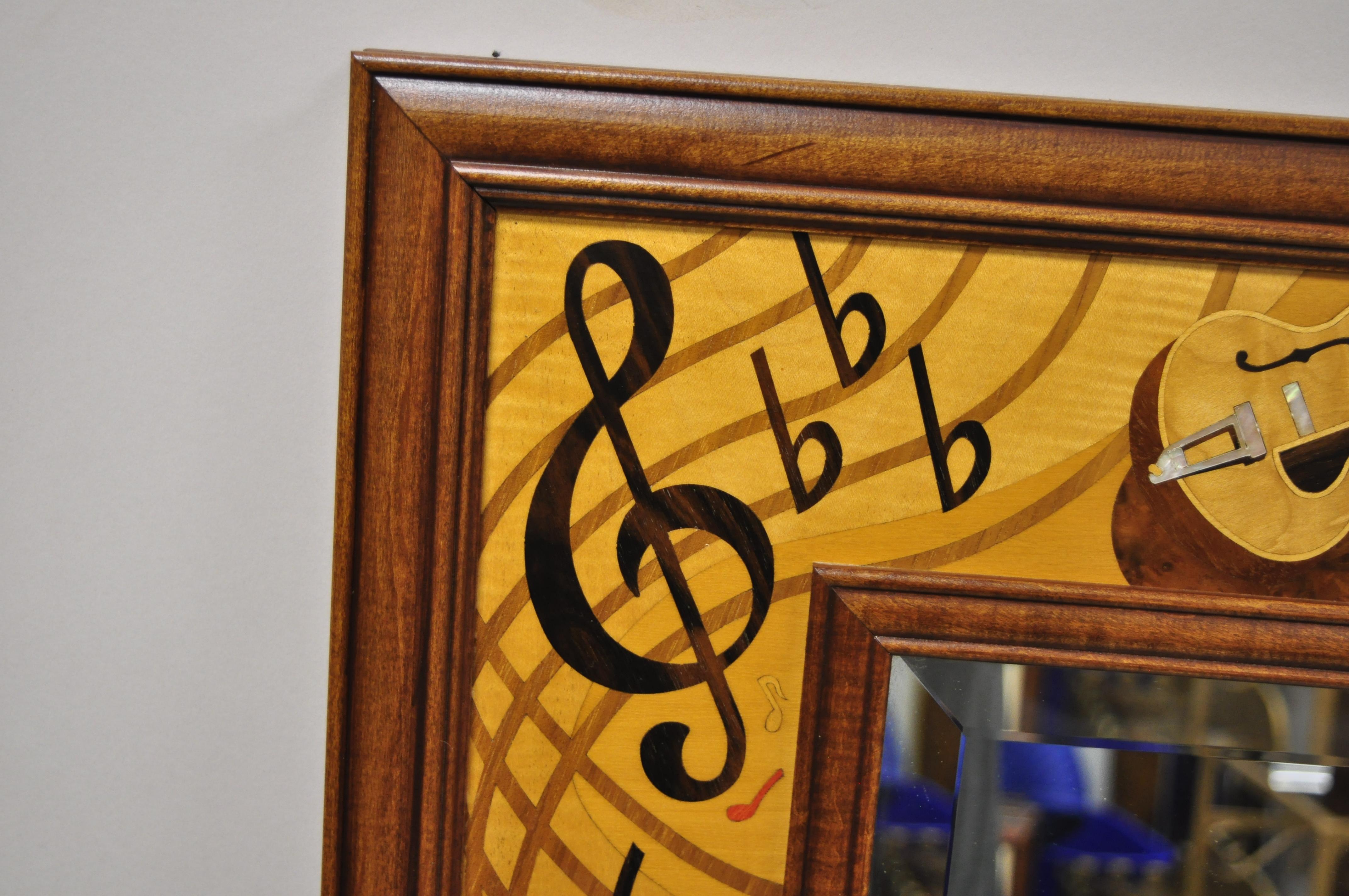 Hudson River Inlay Marquetry Inlaid Jammin Large Border Beveled Glass Mirror In Good Condition In Philadelphia, PA