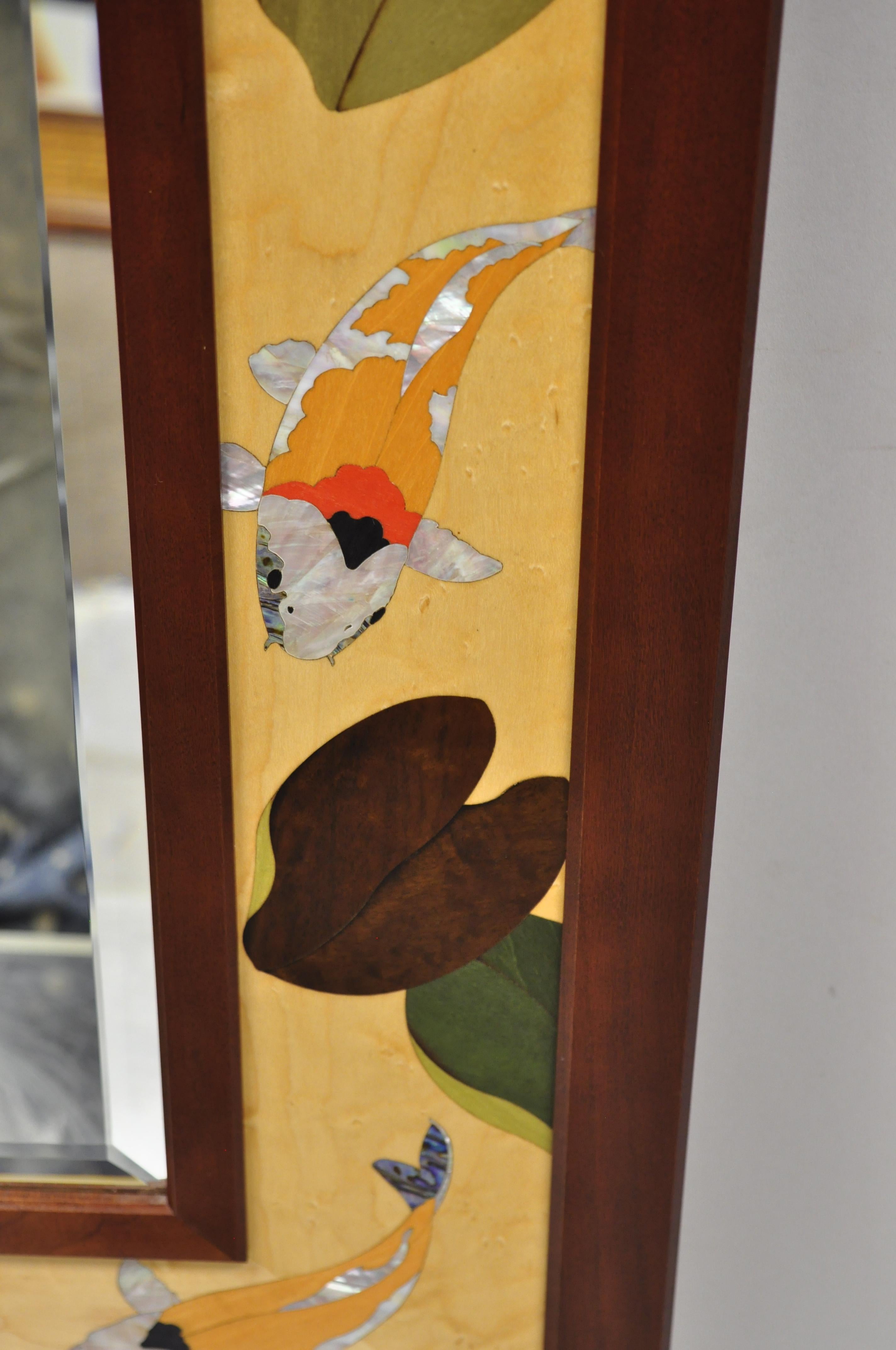 Hudson River Inlay Marquetry Inlaid Koi Fish Lily Pond Beveled Glass Mirror 4
