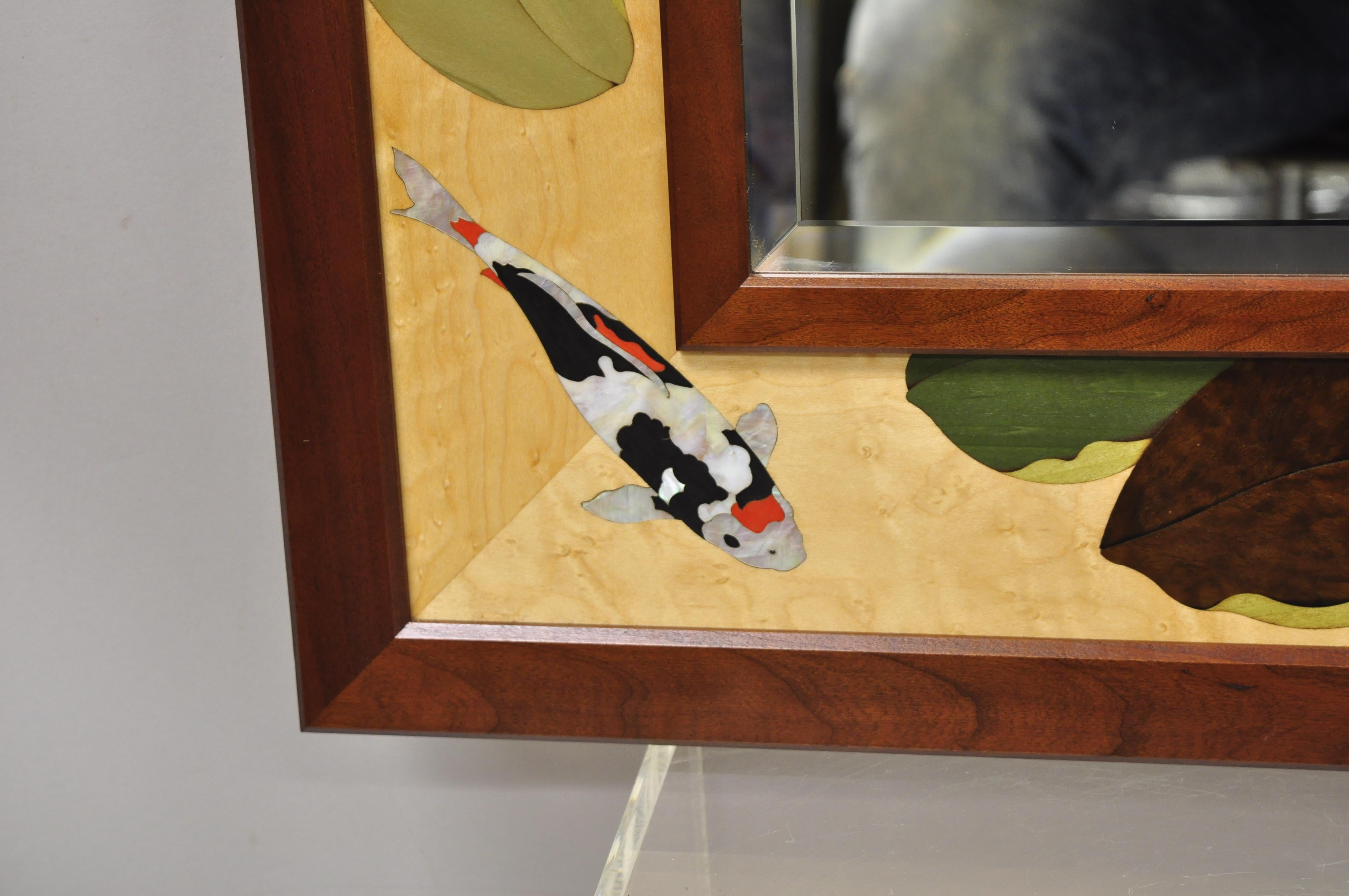 Hudson River Inlay Marquetry Inlaid Koi Fish Lily Pond Beveled Glass Mirror In Good Condition In Philadelphia, PA