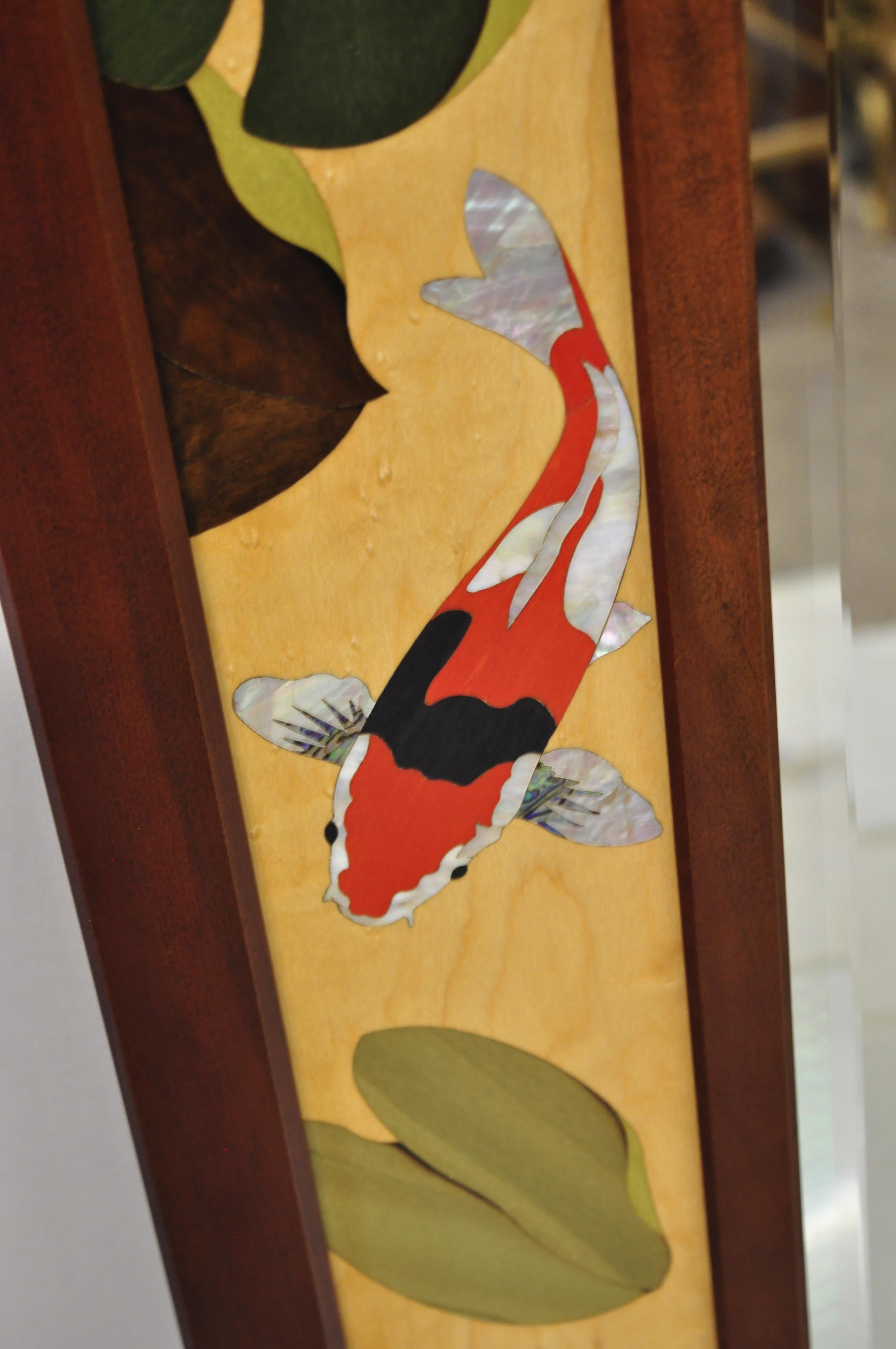 20th Century Hudson River Inlay Marquetry Inlaid Koi Fish Lily Pond Beveled Glass Mirror
