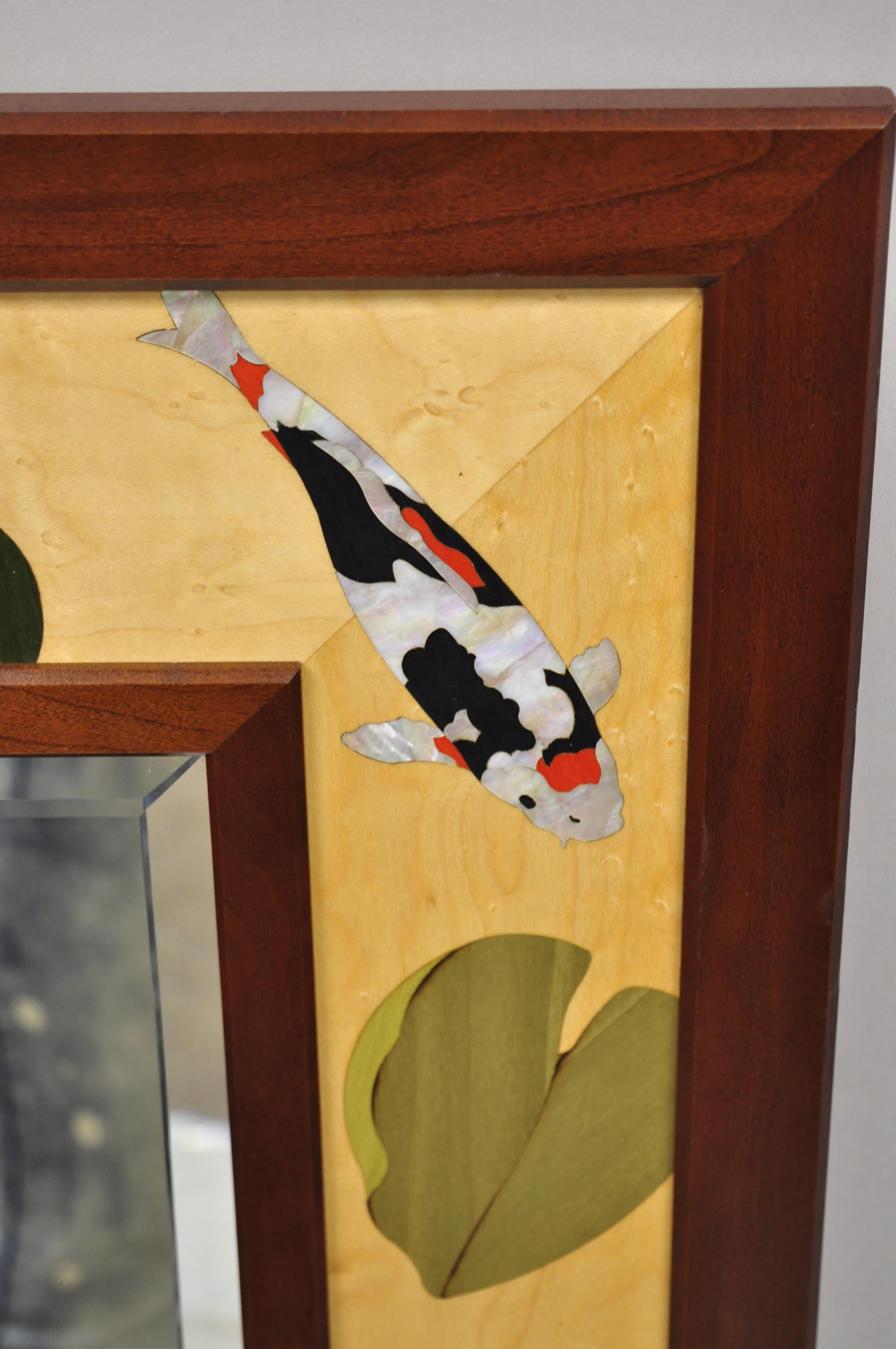 Hudson River Inlay Marquetry Inlaid Koi Fish Lily Pond Beveled Glass Mirror 1