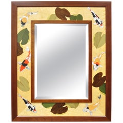 Hudson River Inlay Marquetry Inlaid Koi Fish Lily Pond Beveled Glass Mirror