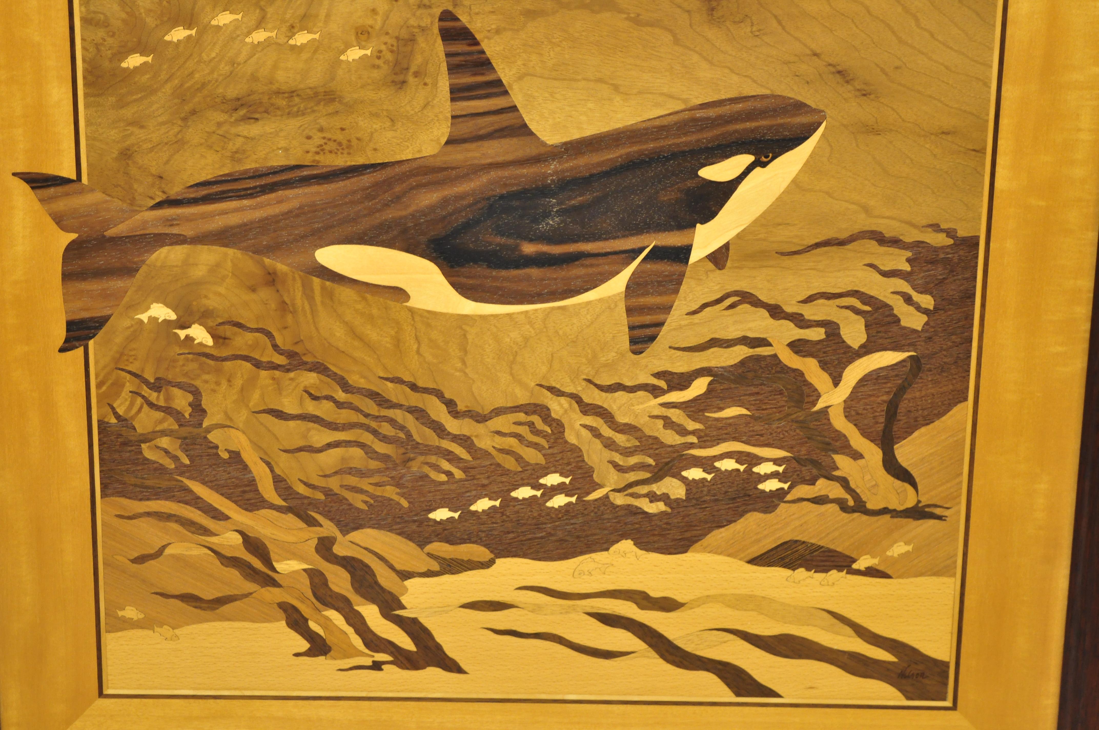 North American Hudson River Inlay Orcas Killer Whales Nature Sea Marquetry Inlaid Wall Artwork