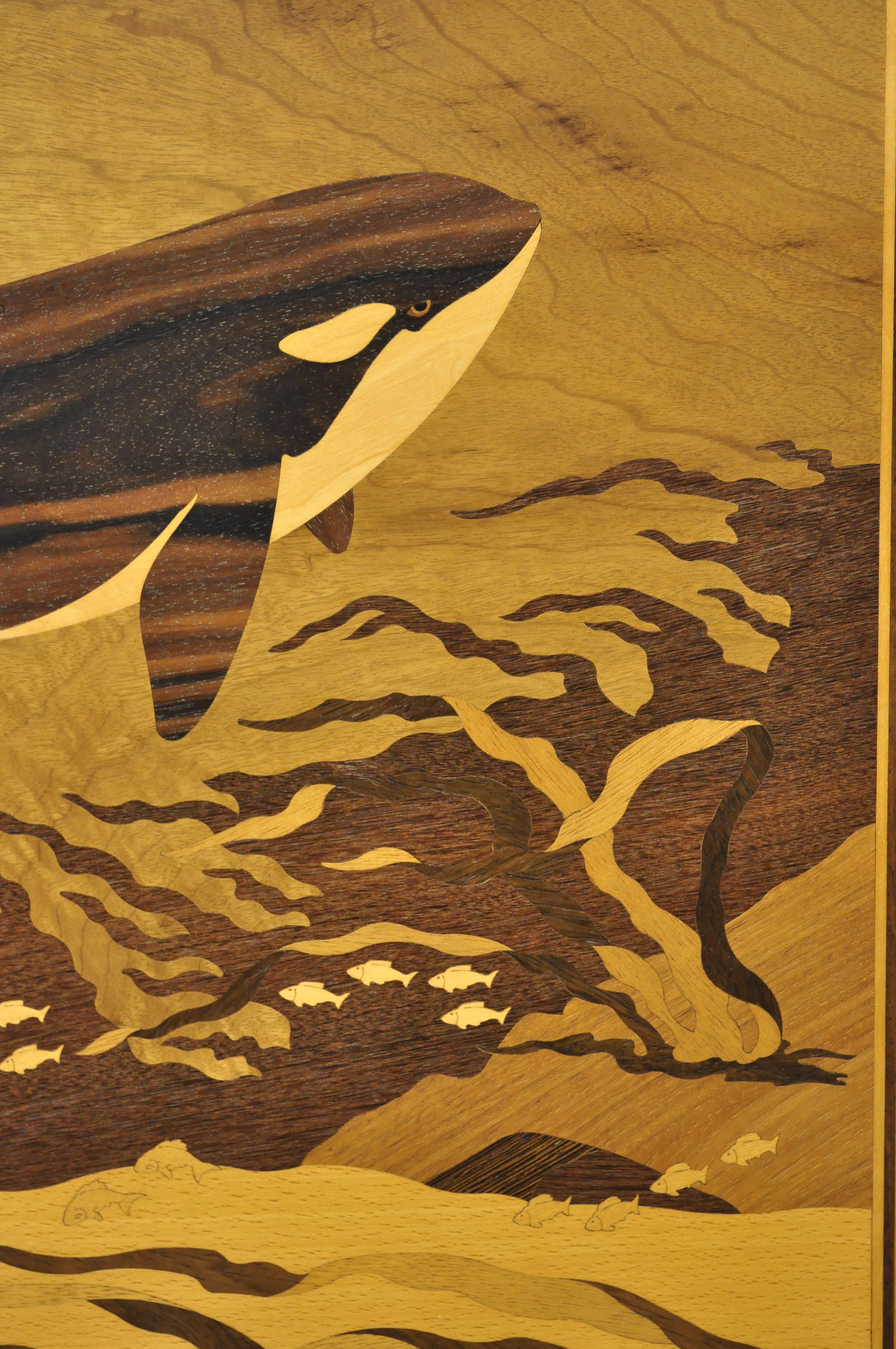 Hudson River Inlay Orcas Killer Whales Nature Sea Marquetry Inlaid Wall Artwork In Good Condition In Philadelphia, PA