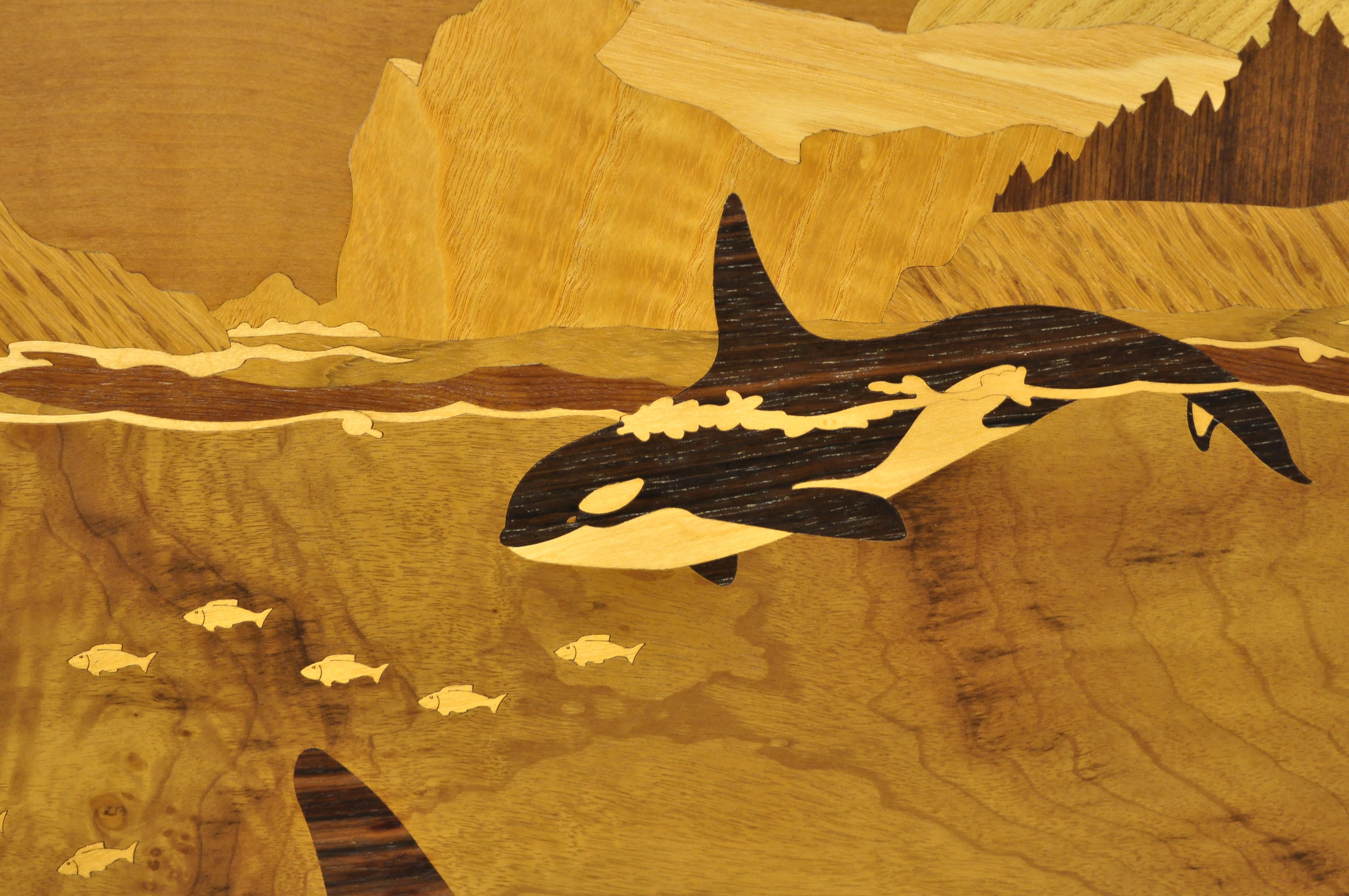 20th Century Hudson River Inlay Orcas Killer Whales Nature Sea Marquetry Inlaid Wall Artwork