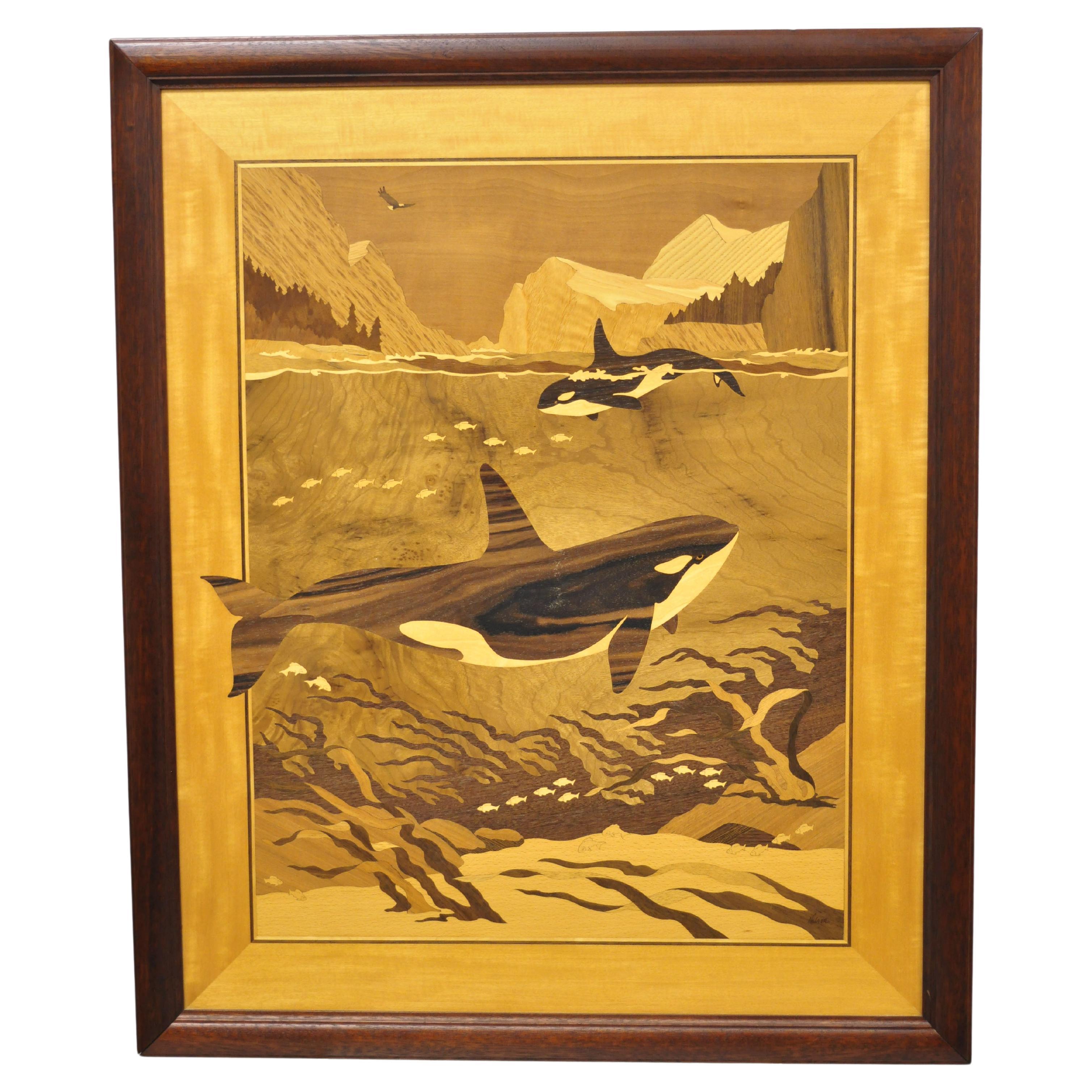 Hudson River Inlay Orcas Killer Whales Nature Sea Marquetry Inlaid Wall Artwork