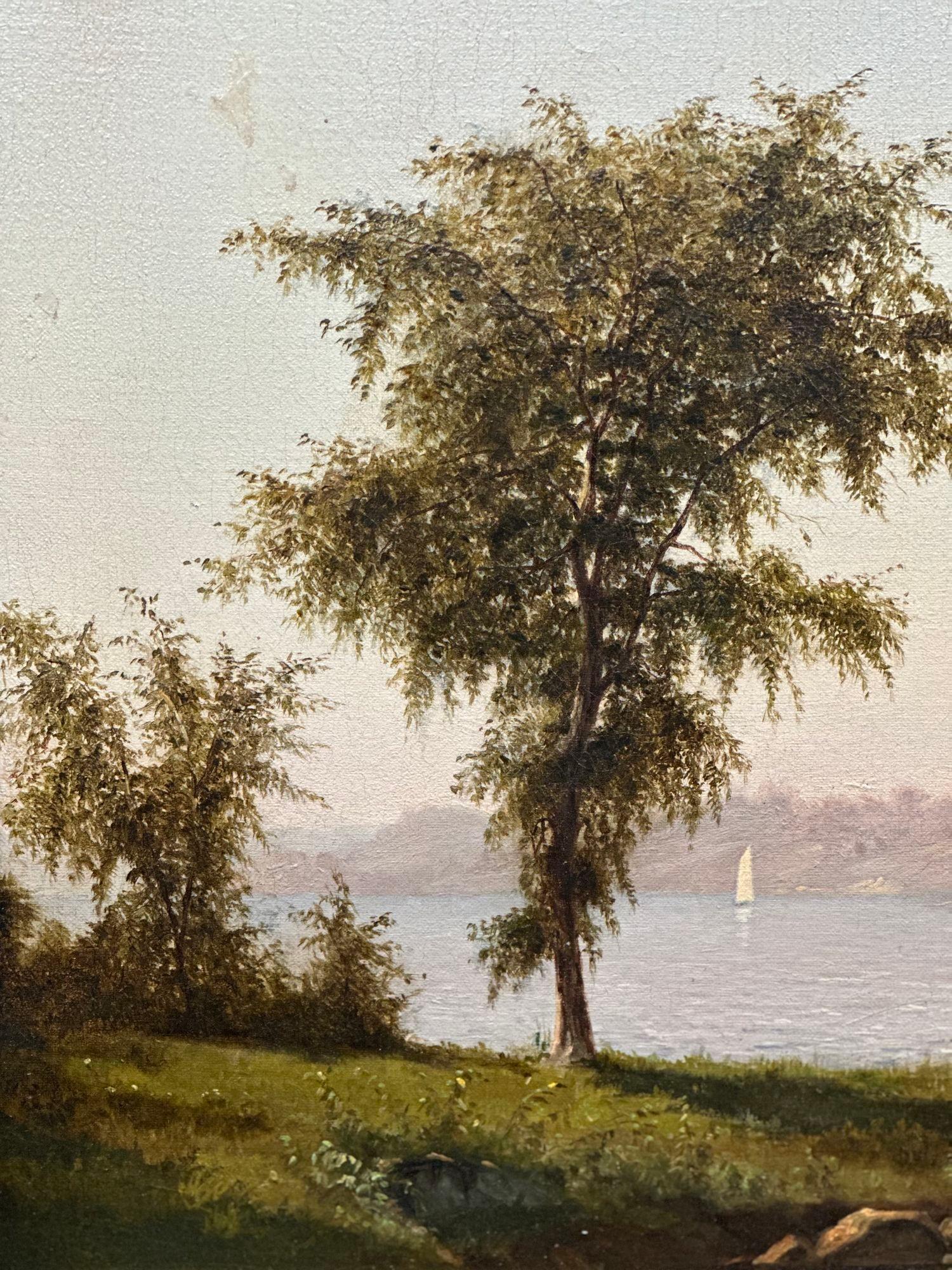 Traditional oil on canvas painting by John Williamson, titled 'Hudson River' and dated 1865, depicts a fisherman with cattle next to the river. Protected by a giltwood frame.
Dimensions:
15.5