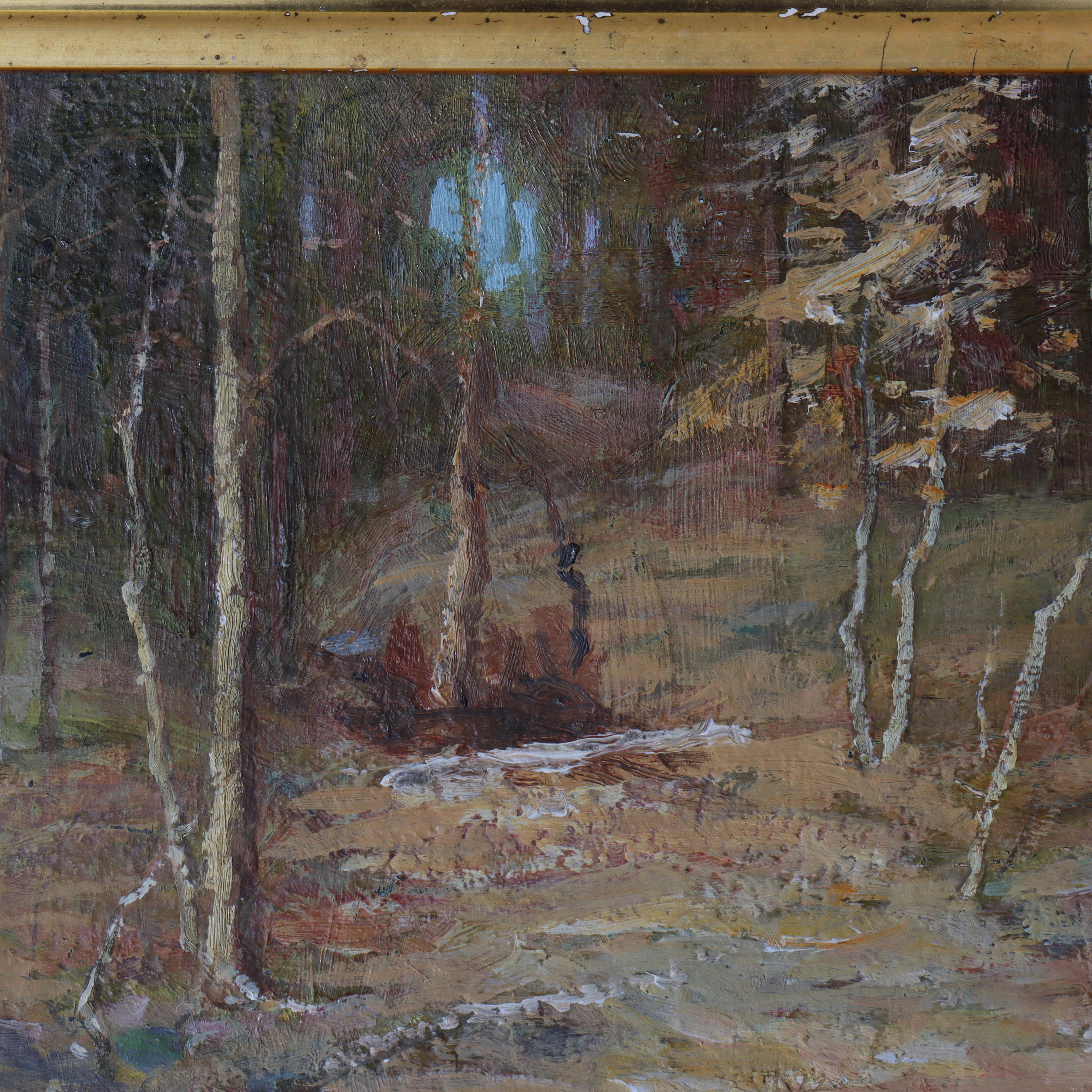 Antike Hudson River School Öl auf Karton Landschaft Gemälde im Originalrahmen signiert von F. W. Loven C1914

Maße - 13