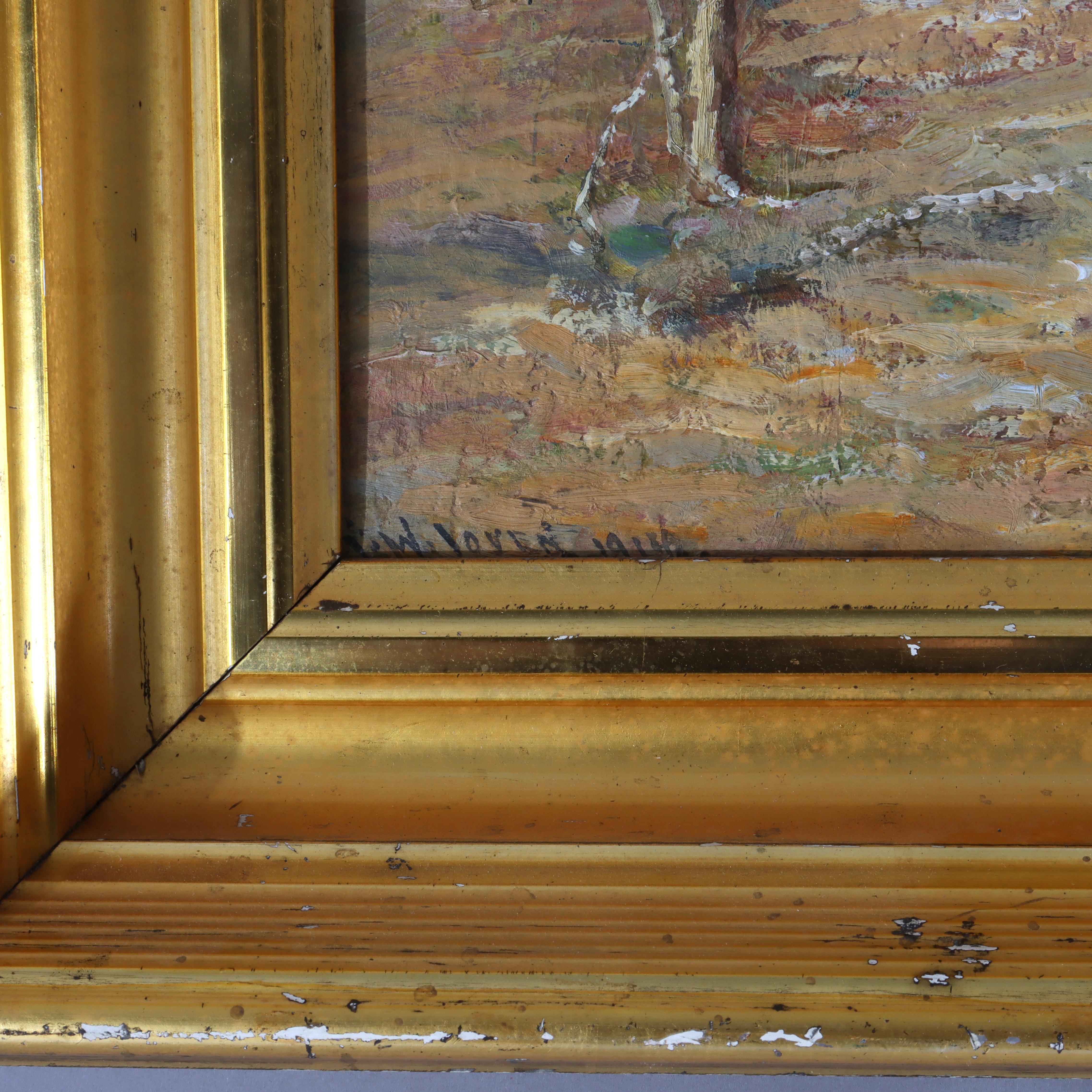 Hudson River School Öl auf Karton Landschaftsgemälde von F. W. Loven C1914 im Zustand „Gut“ im Angebot in Big Flats, NY