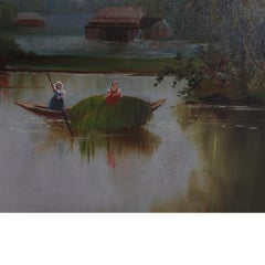 Hudson River School Oil On Canvas Painting Of A River Scene 1890