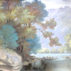 Hudson River School Öl auf Leinwand Gemälde von einem Fluss Szene von A. Hirshing C1935