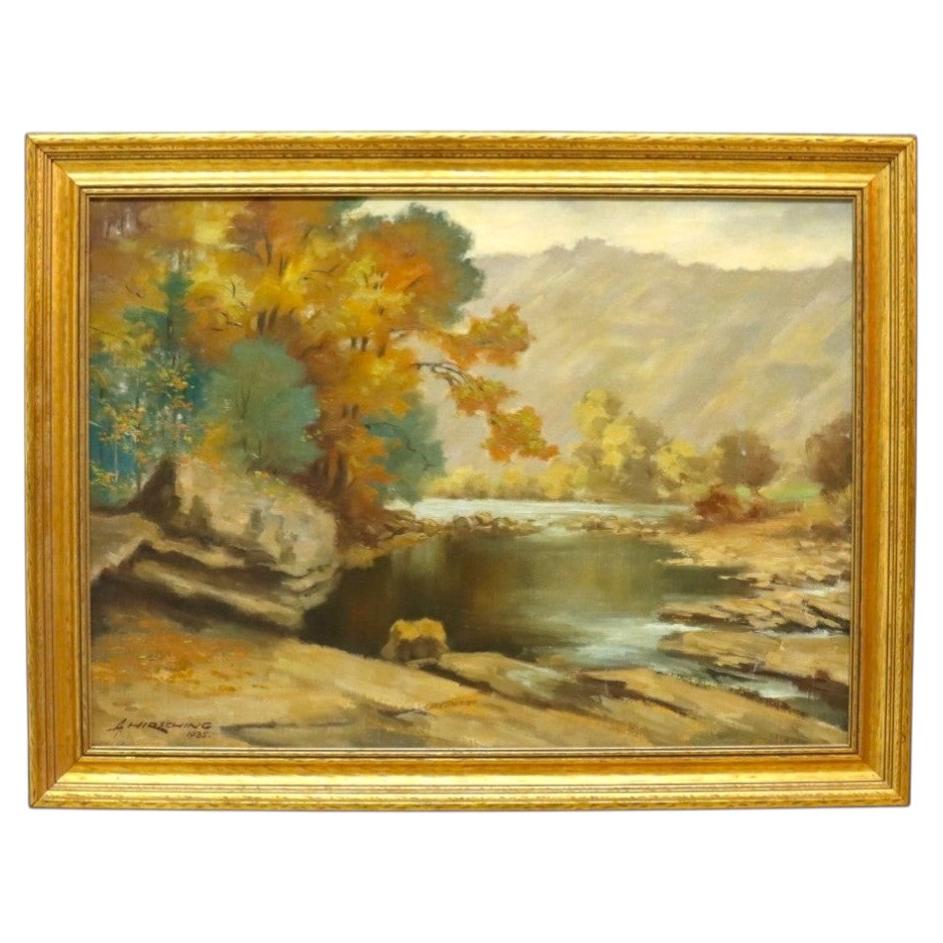 Hudson River School Öl auf Leinwand Gemälde von einem Fluss Szene von A. Hirshing C1935 im Angebot