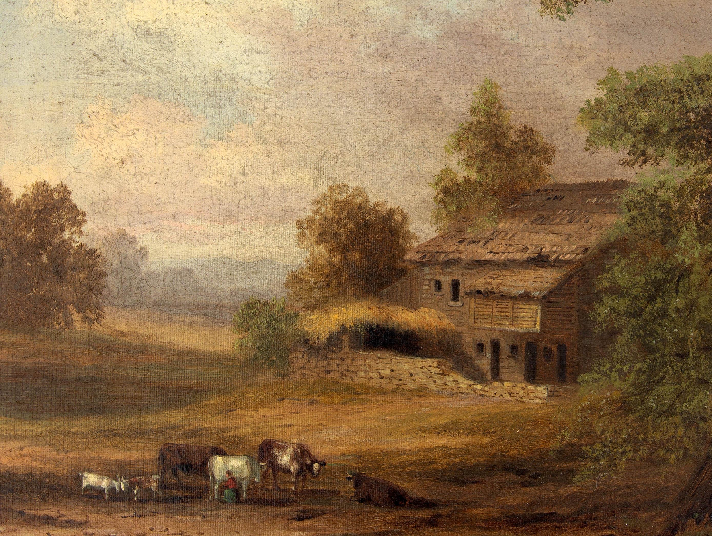 Hudson River school farm scene. Oil painting on canvas. In original gold leaf frame, mid-19th century. Unsigned.