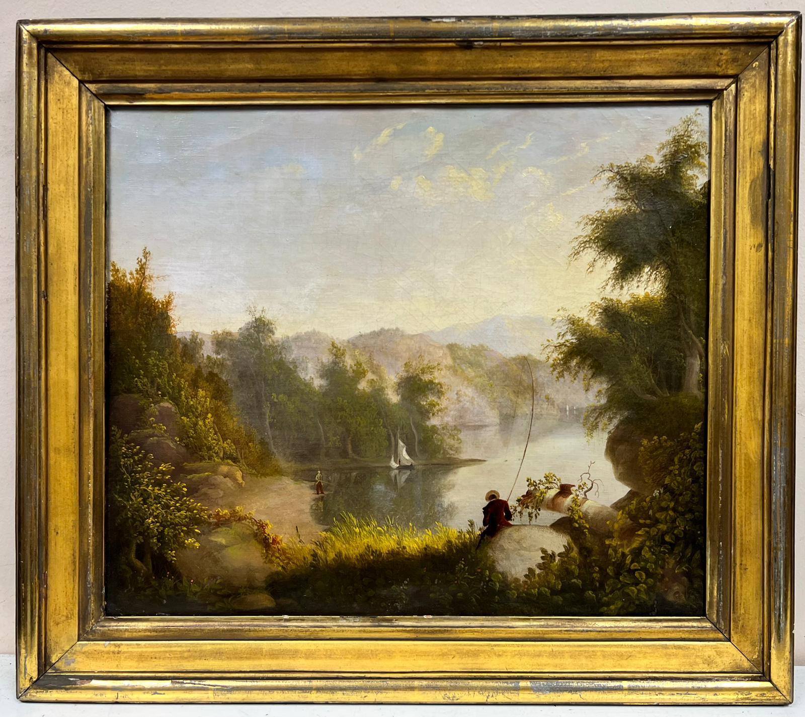 Artist/ School: American School, mid 19th century. The work is close to the Hudson River School painters of the period. 

Title: Angler in Romantic Light landscape

Medium: oil on canvas, framed

Framed: 21.5 x 24.5 inches
Painting: 17 x 20