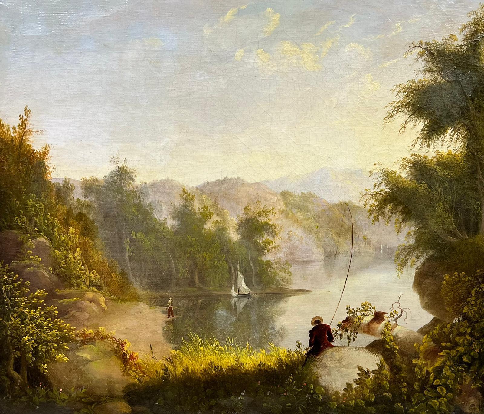 Hudson River School Landscape Painting - Fine American Mid 19th Century Oil Painting Angler Fishing Romantic Landscape