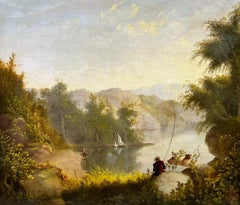 Fine American Mid 19th Century Oil Painting Angler Fishing Romantic Landscape