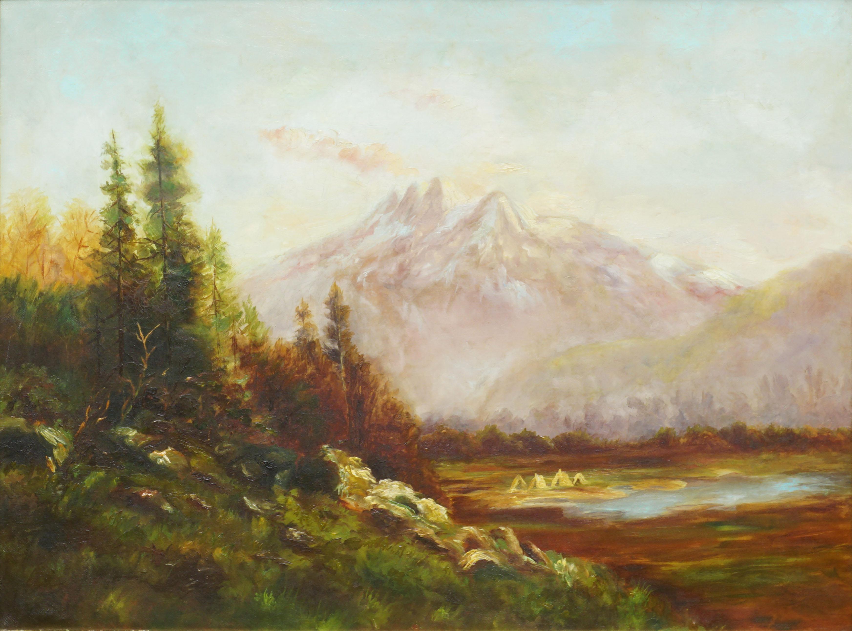 Mount Baker with Encampment - In Style of Albert Bierstadt - Painting by Unknown