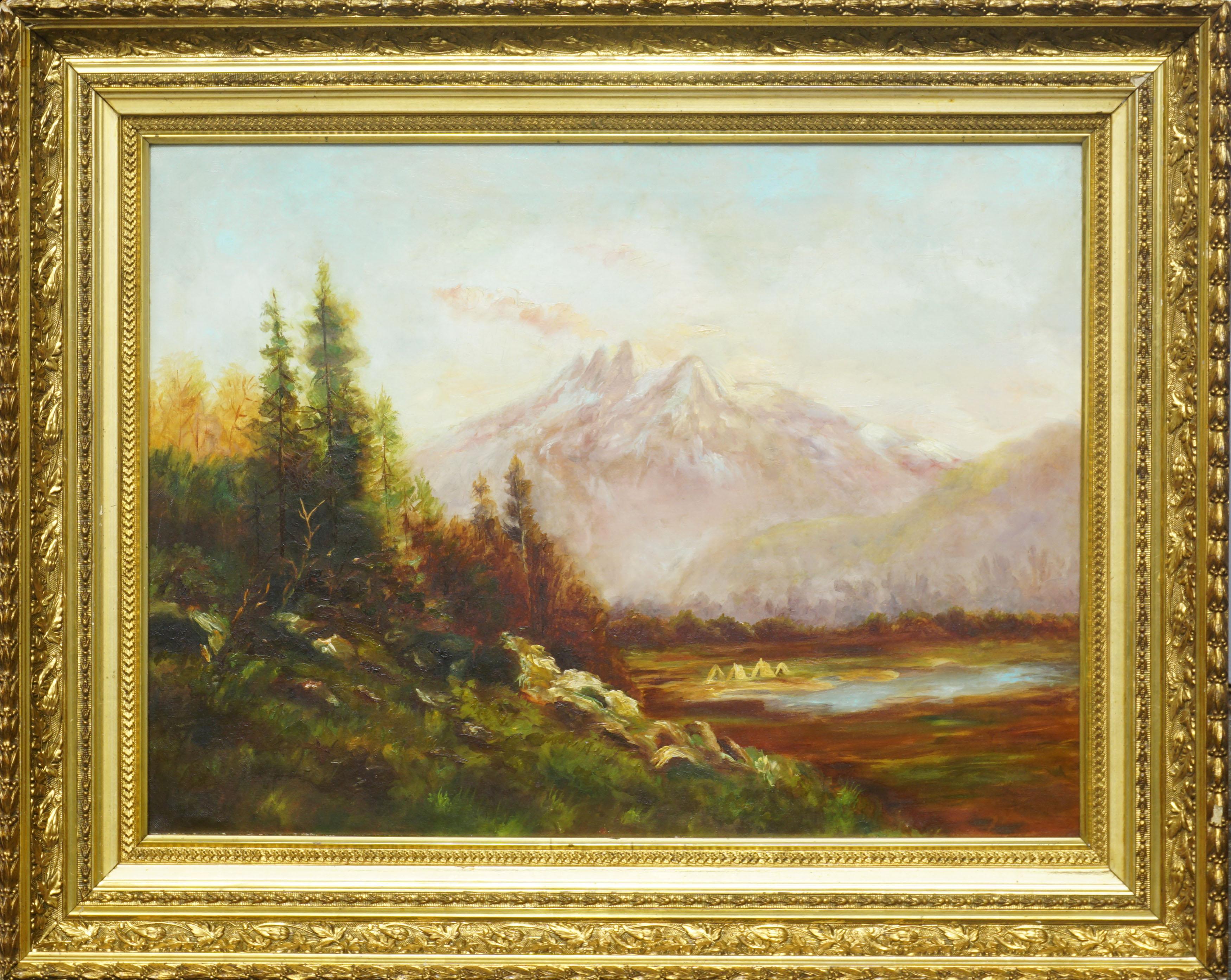 Unknown Landscape Painting - Mount Baker with Encampment - In Style of Albert Bierstadt