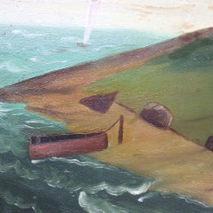 Hudson River School Primitive Folk Art Oil On Board Seascape Painting c1900