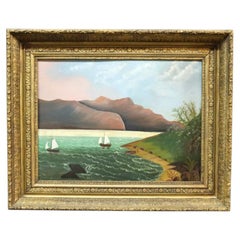 Hudson River School Primitive Folk Art Oil On Board Seascape Painting c1900