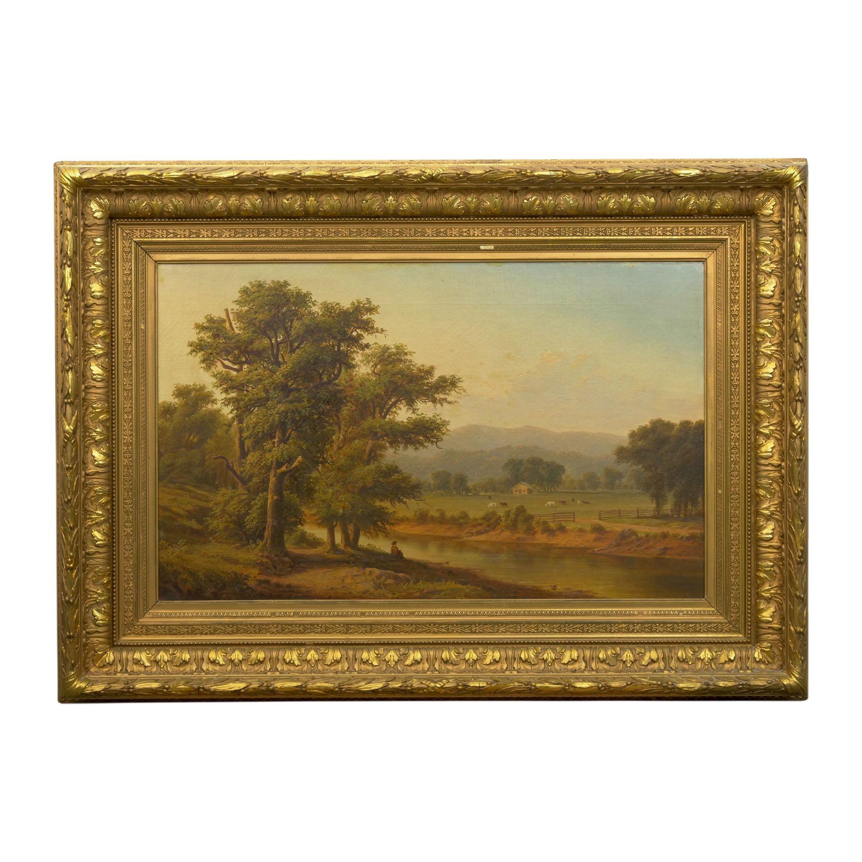 A finely painted scene in oil on canvas executed in the manner of the Hudson River Valley school, this vivid landscape depicts a sweeping view of the countryside. The scene is handled expertly with crisp brush strokes bringing to life the complex