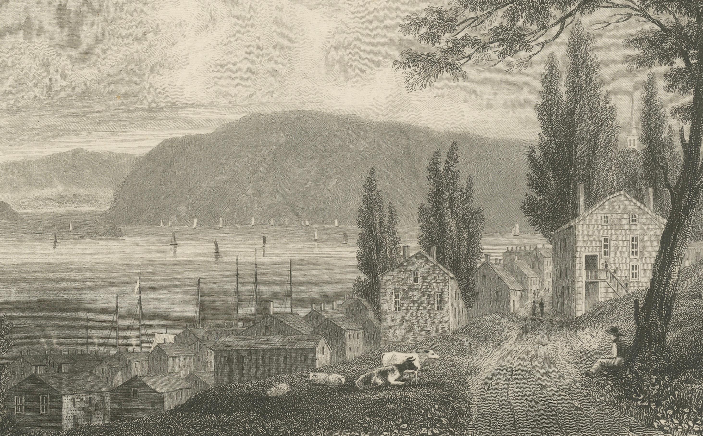 Papier Vue de la rivière Hudson sur Newburgh NY - Gravure ancienne de c. 1850 en vente
