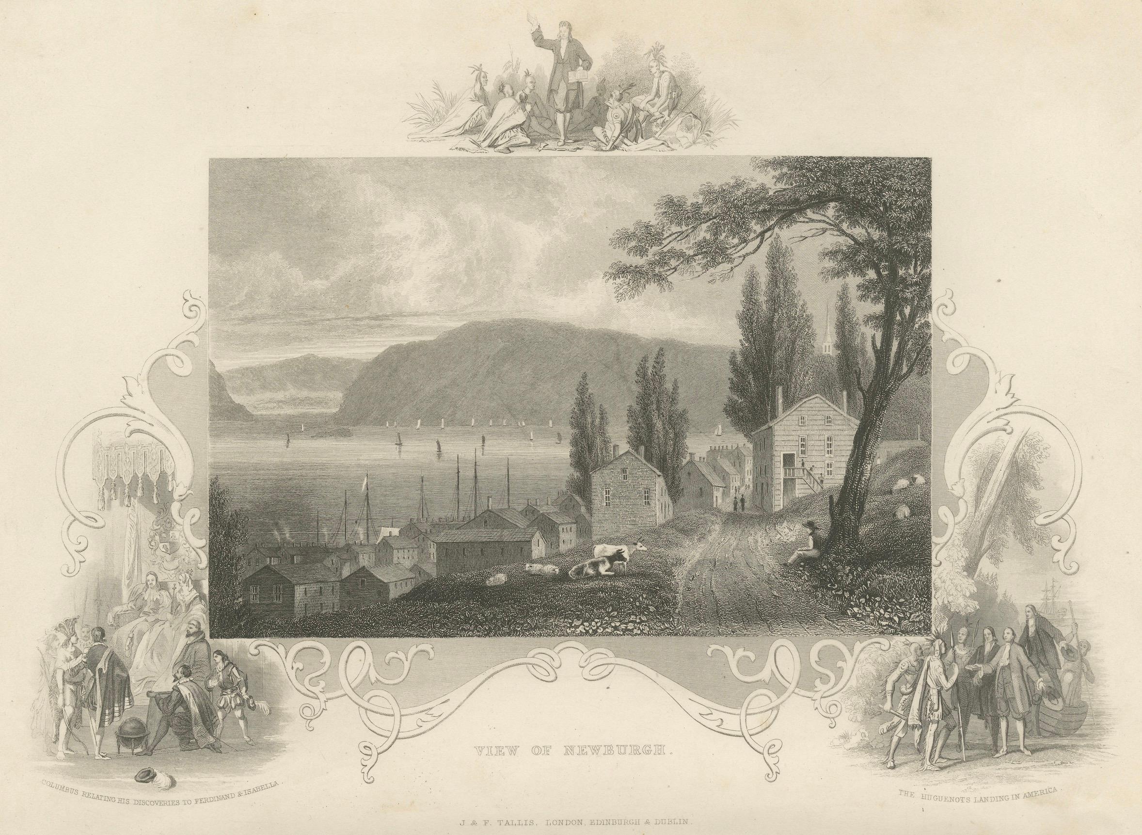 Vue de la rivière Hudson sur Newburgh NY - Gravure ancienne de c. 1850 en vente 1