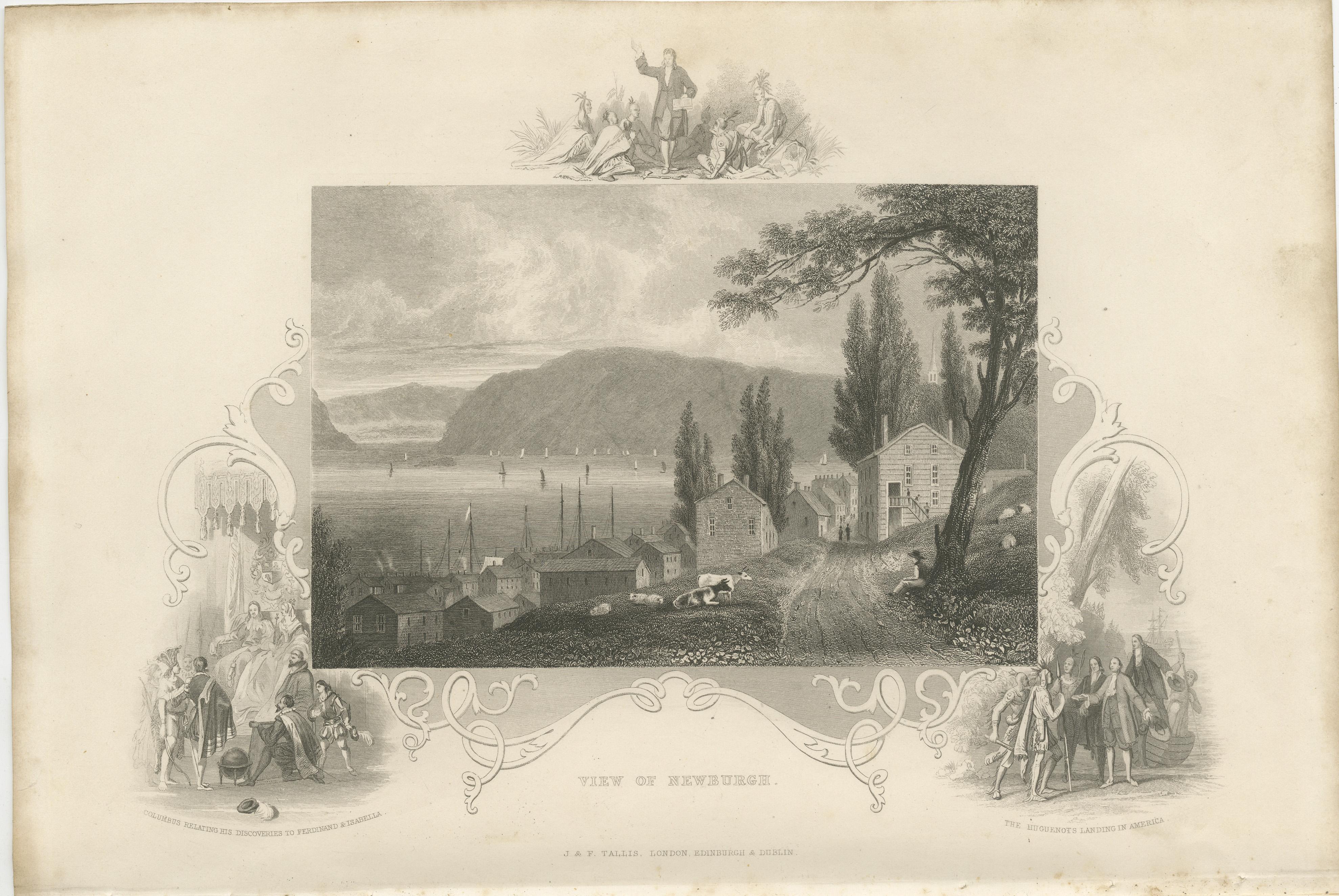 Vue de la rivière Hudson sur Newburgh NY - Gravure ancienne de c. 1850 en vente 2