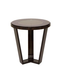 Hudson Side Table With Wooden Structure, Metal Inlay and Glass Top
