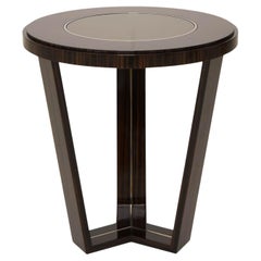 Hudson Side Table With Wooden Structure, Metal Inlay and Glass Top