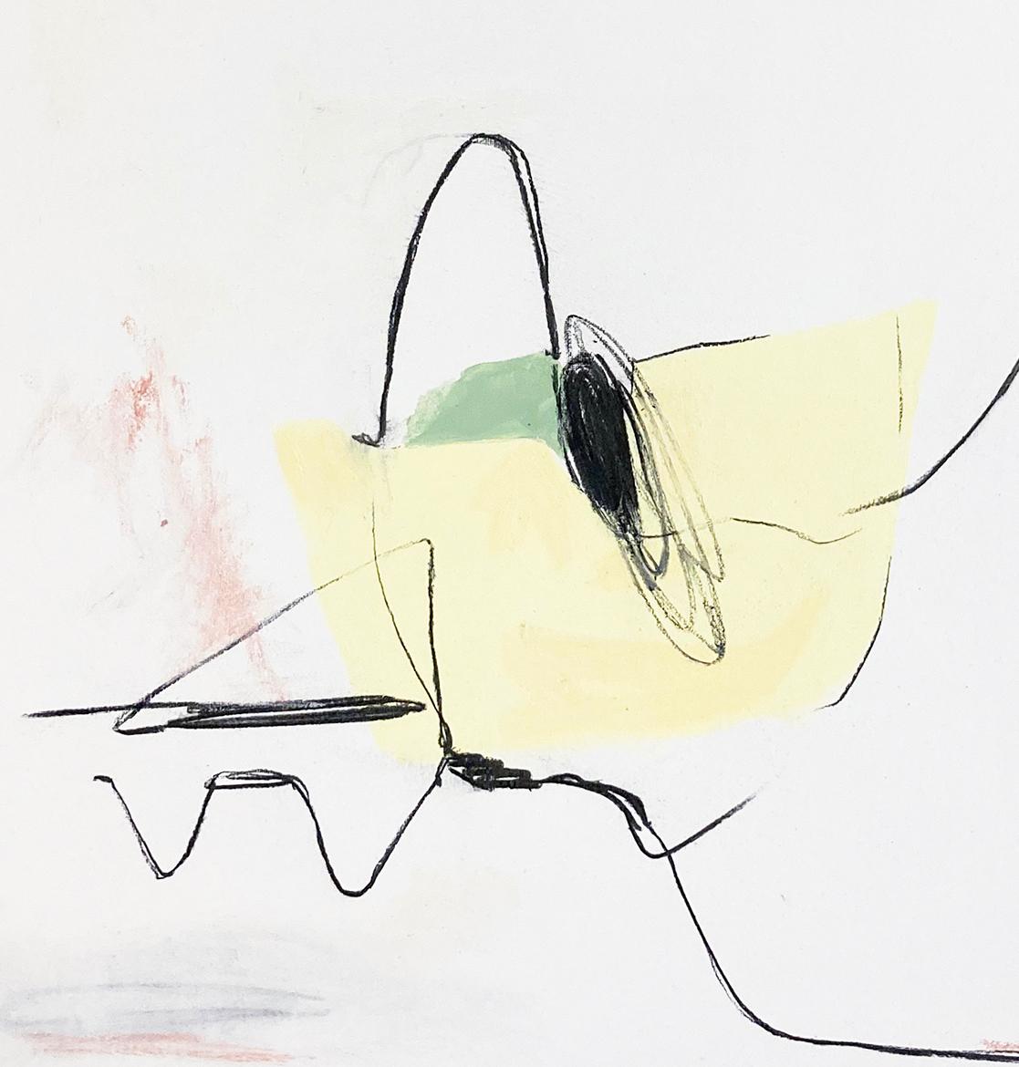 Square abstract minimalist painting on canvas, gesturally applied shapes in hues of pastel green and yellow with accents of peach on a white background with black line work
