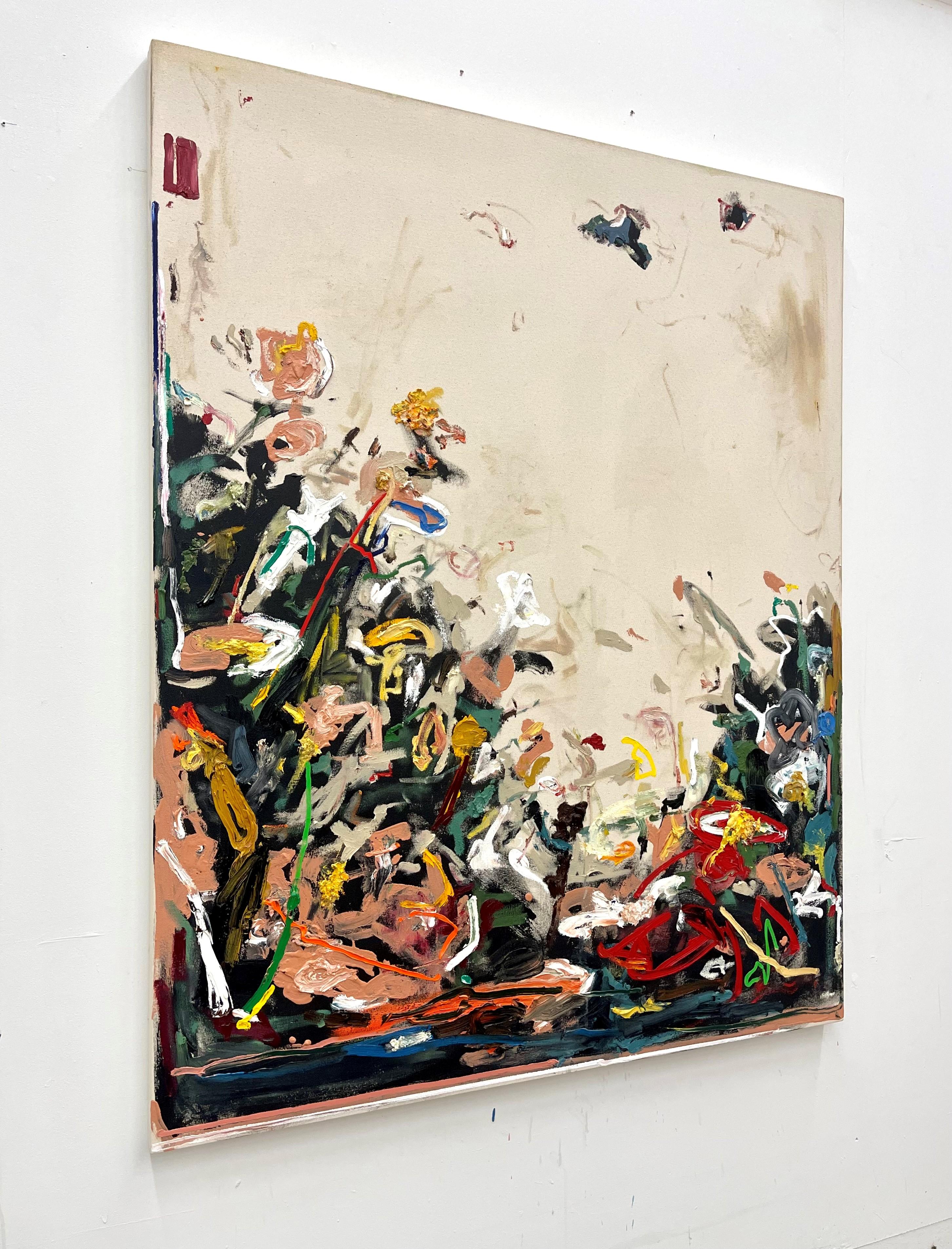 Abstract Expressionist painting featuring energized strokes of oil paint in bold hues of red, yellow, blue, green, and orange against a black and beige foreground
