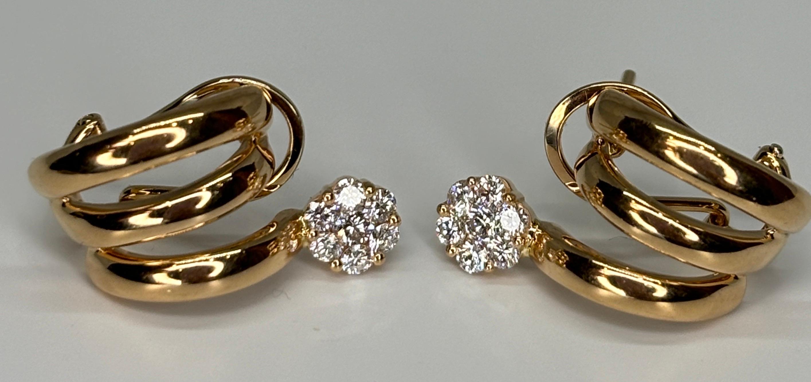 Hueb 18k Rose Gold Flower Diamond Earrings Omega Back For Sale 4