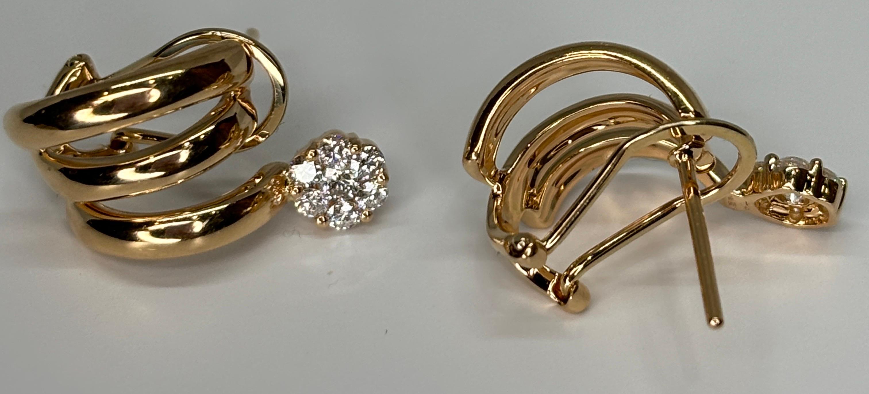 Hueb 18k Rose Gold Flower Diamond Earrings Omega Back For Sale 6