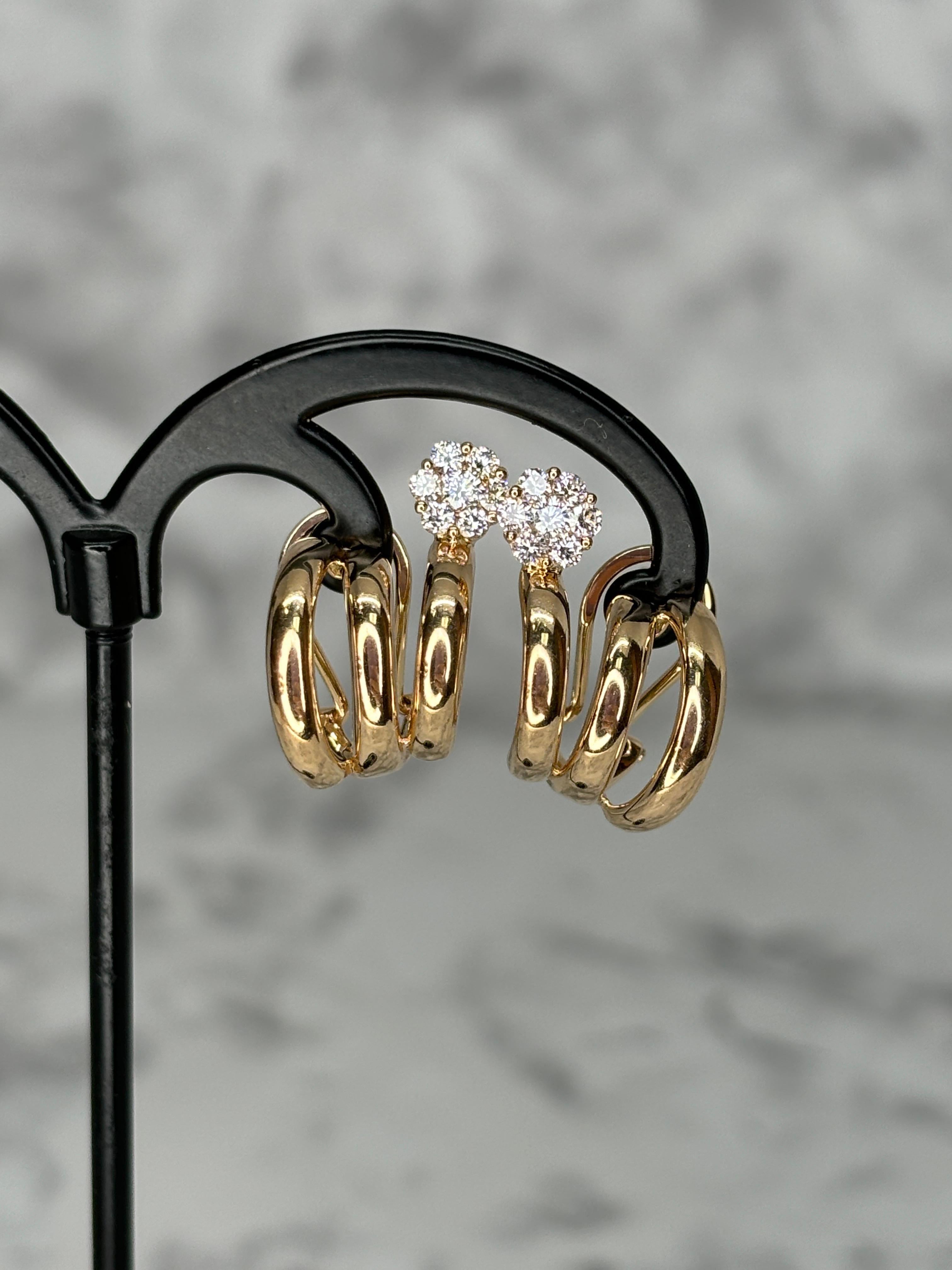 Brilliant Cut Hueb 18k Rose Gold Flower Diamond Earrings Omega Back For Sale