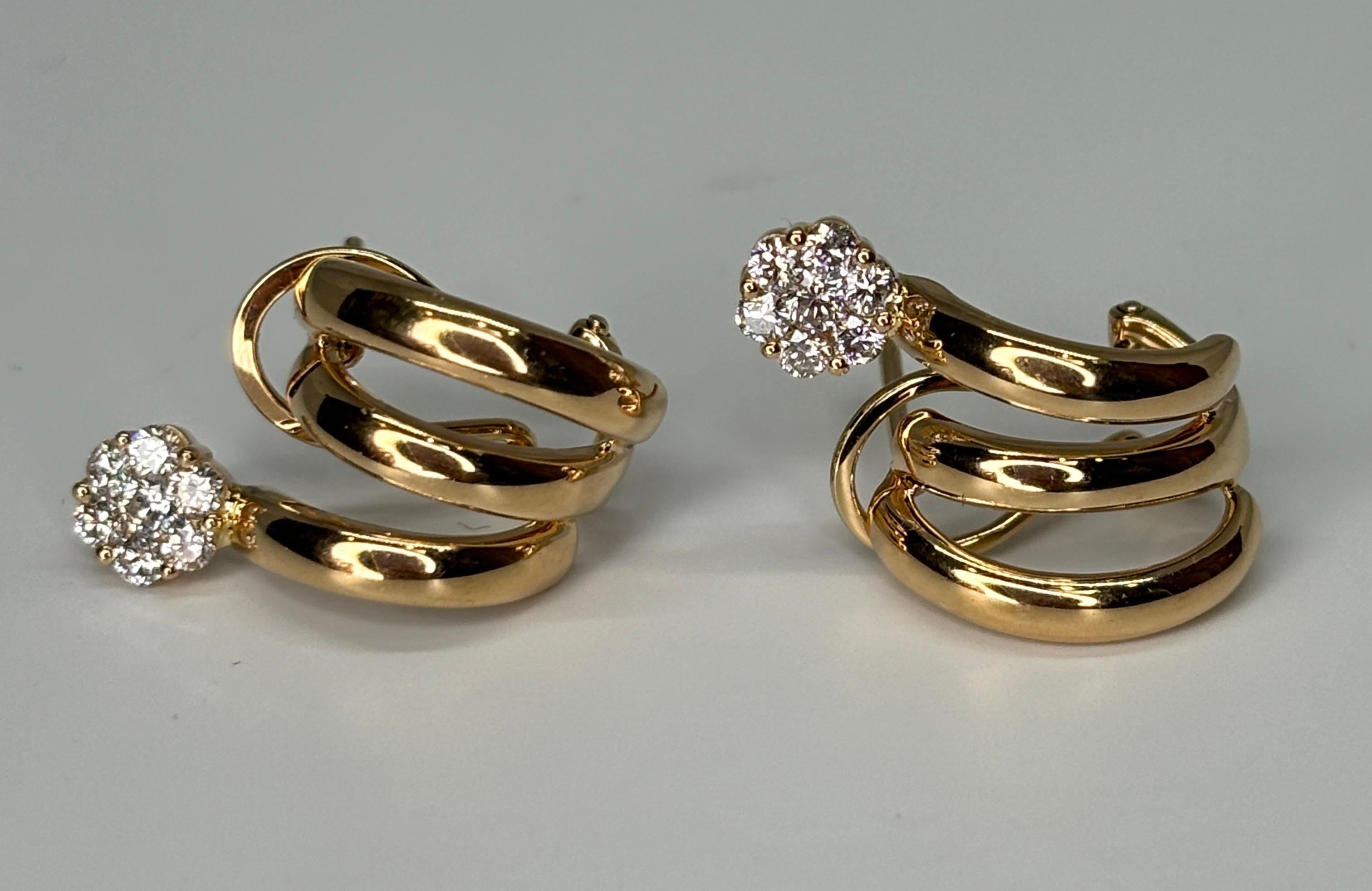 Hueb 18k Rose Gold Flower Diamond Earrings Omega Back In Good Condition For Sale In Bernardsville, NJ