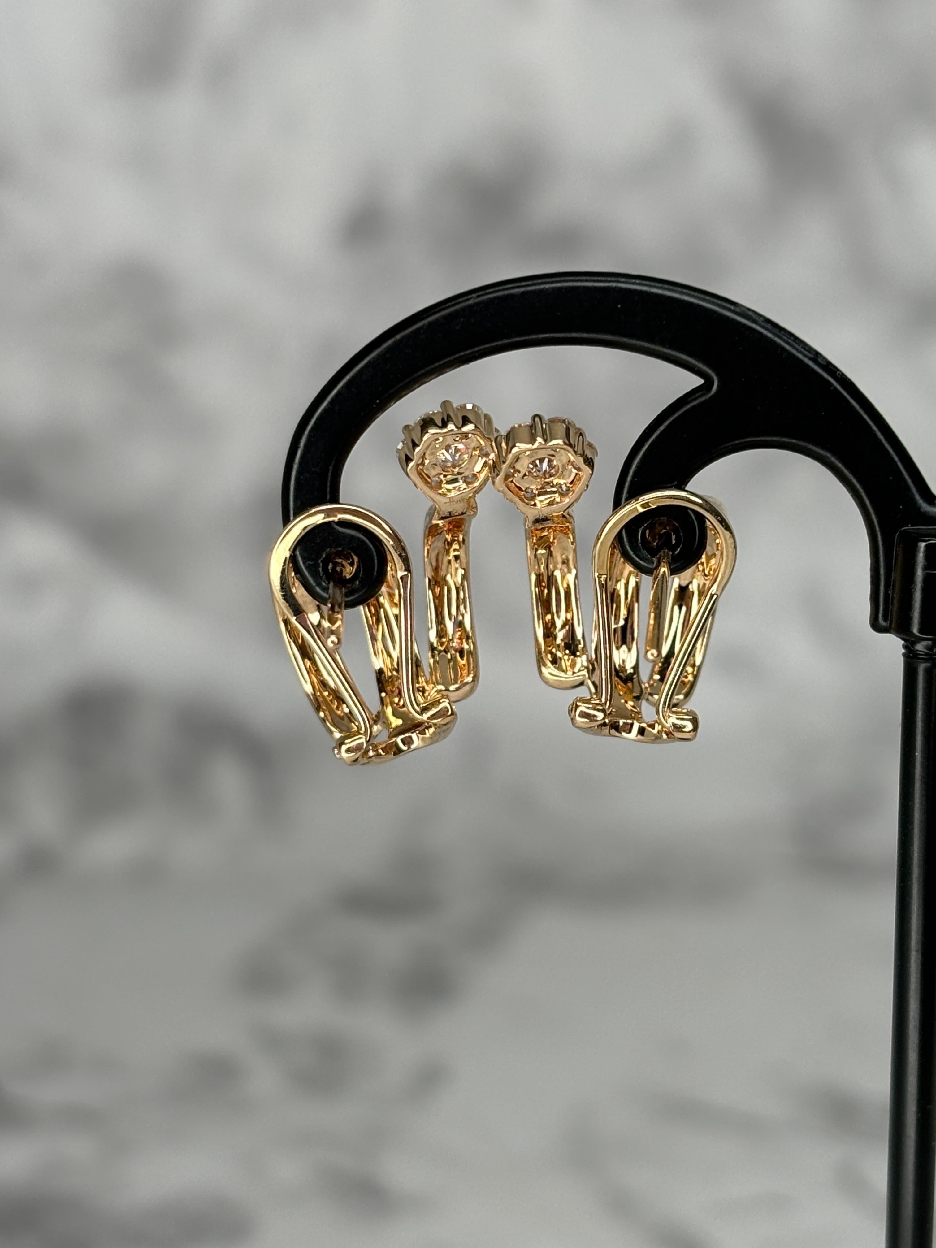 Women's or Men's Hueb 18k Rose Gold Flower Diamond Earrings Omega Back For Sale