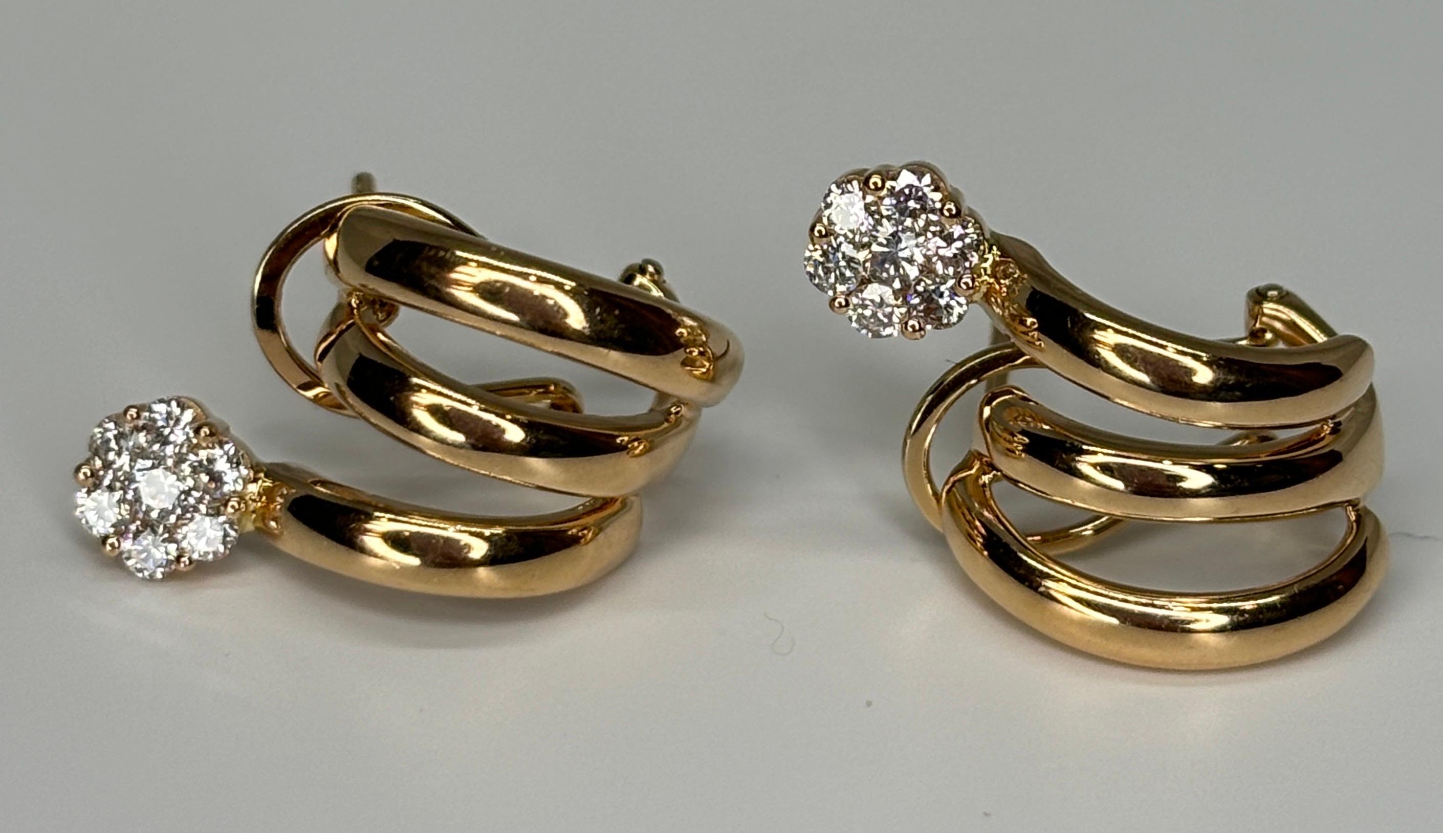 Hueb 18k Rose Gold Flower Diamond Earrings Omega Back For Sale 1