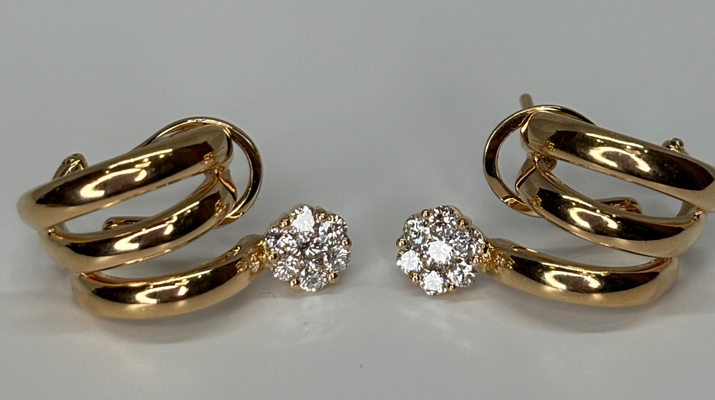 Hueb 18k Rose Gold Flower Diamond Earrings Omega Back For Sale 2