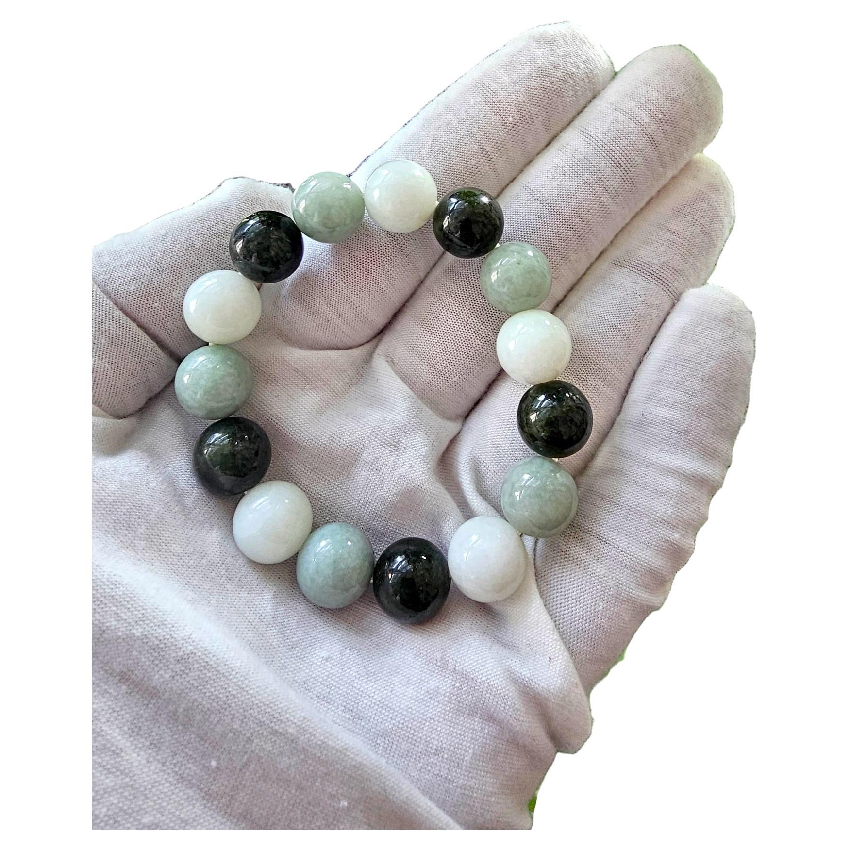Hues of Green Burmese A-Jade Beaded Bracelet (12-12.5mm Each x 15 Beads) 04001 For Sale