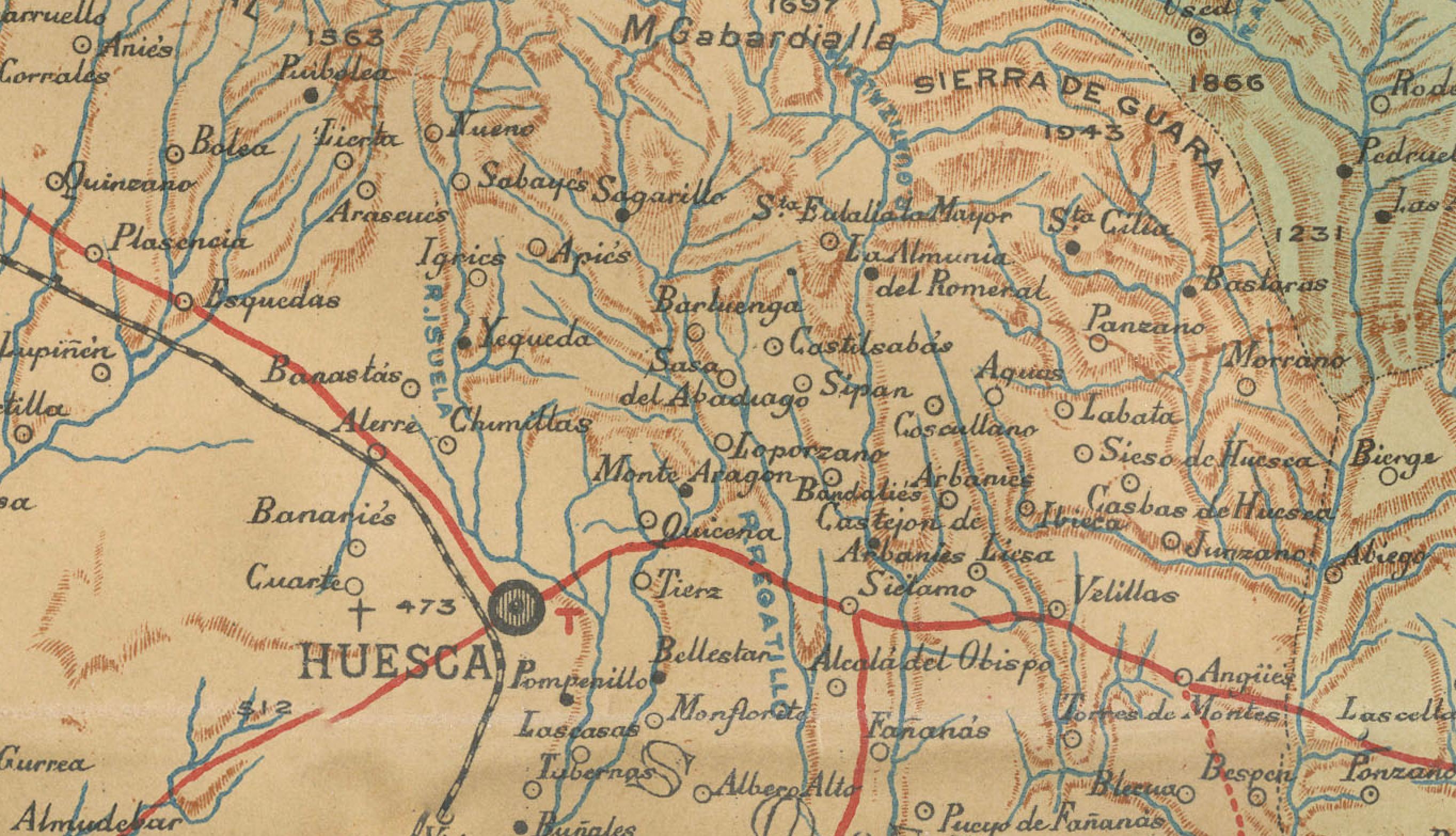 The map provided is of the province of Huesca, located in the northeastern part of Spain, within the autonomous community of Aragon, as of the year 1901. Here are some of the key features depicted on the map:

The map illustrates the province's