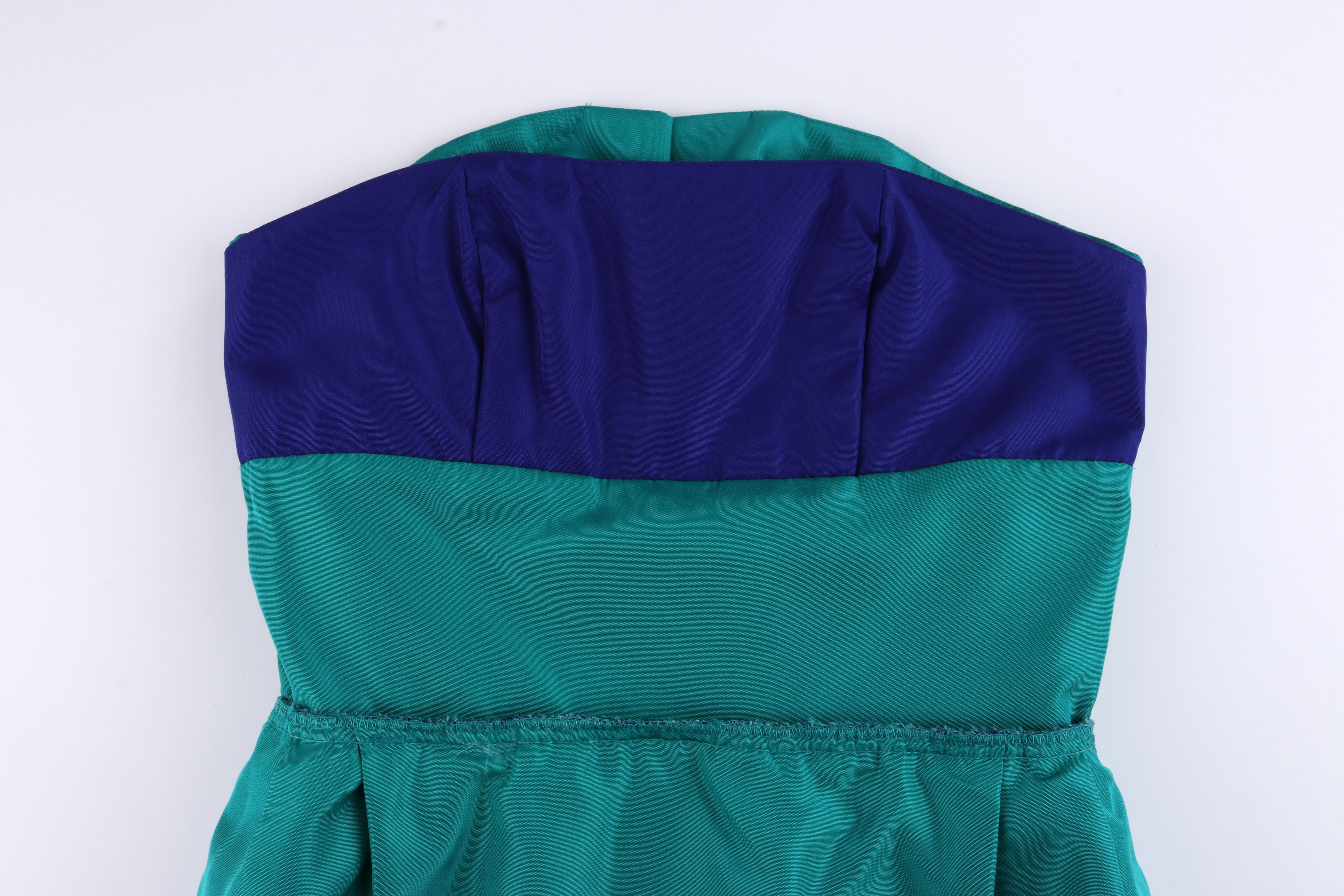 Women's HUEY WALTZER c.1980’s Teal Purple Dual Tone Pleated Peplum Strapless Party Dress
