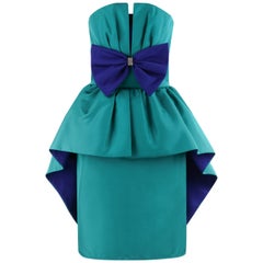 HUEY WALTZER c.1980’s Teal Purple Dual Tone Pleated Peplum Strapless Party Dress