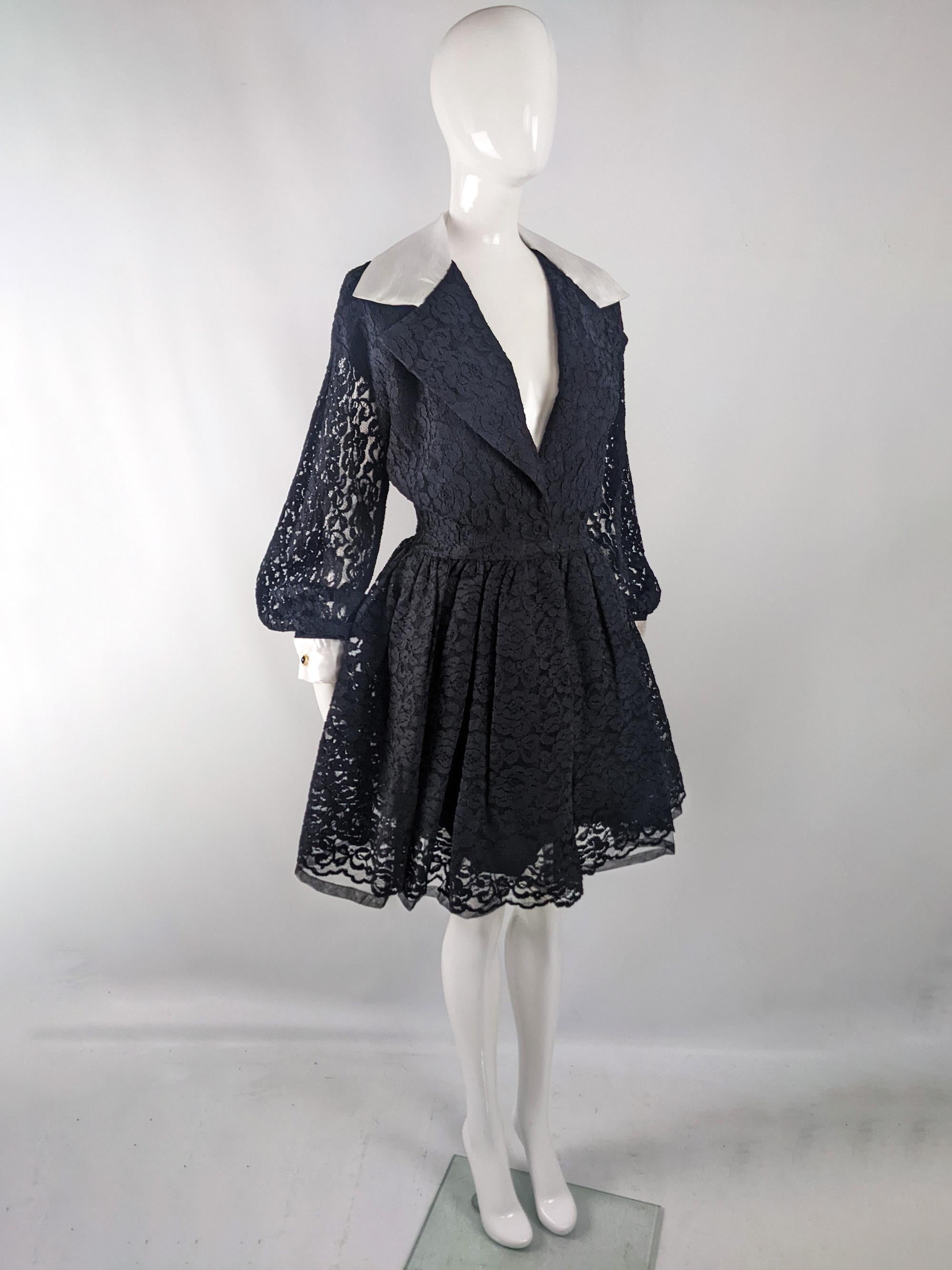 Women's Huey Waltzer Vintage Black Lace Evening Party Dress, 1980s
